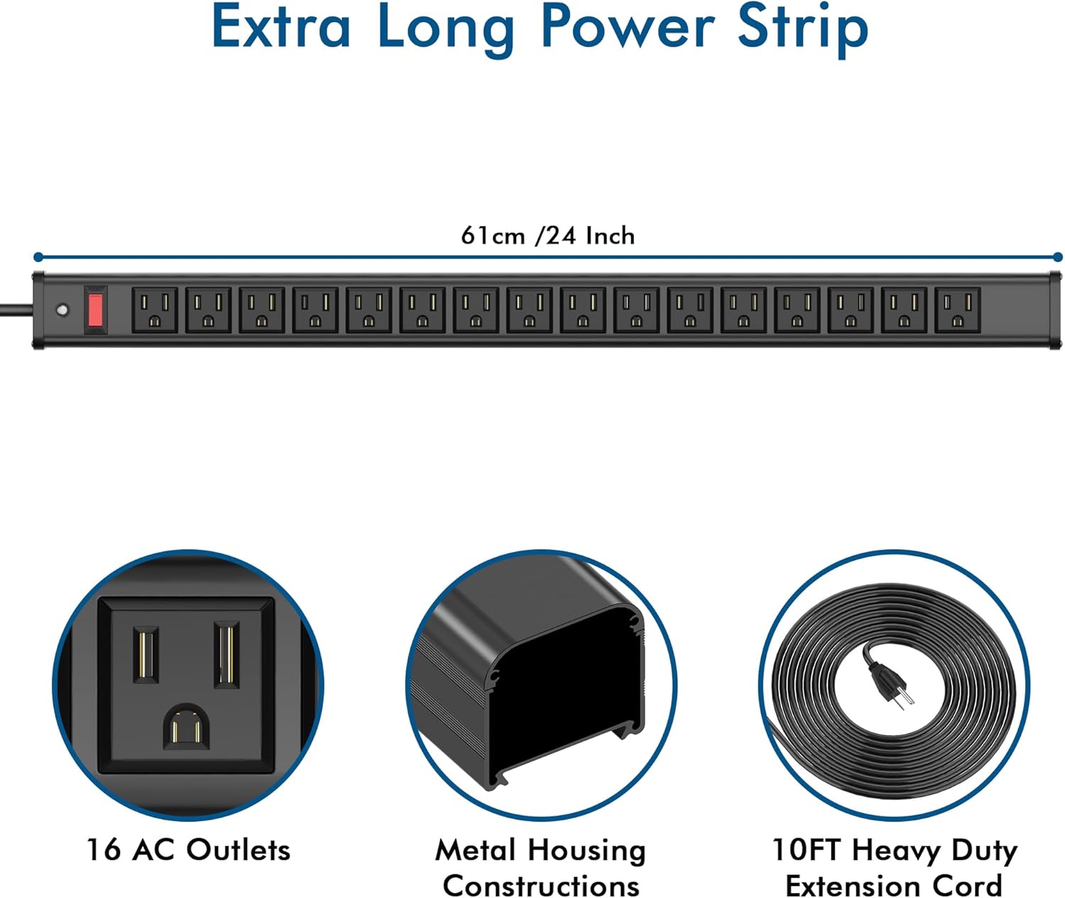 BTU 16 Outlet Power Strips, Extra Long Power Strip with 10ft Cord, Metal Heavy Duty Power Strip Wall Mount, Garage Workshop Commercial Industrial Power Strips with Circuit Breaker Switch (Black)