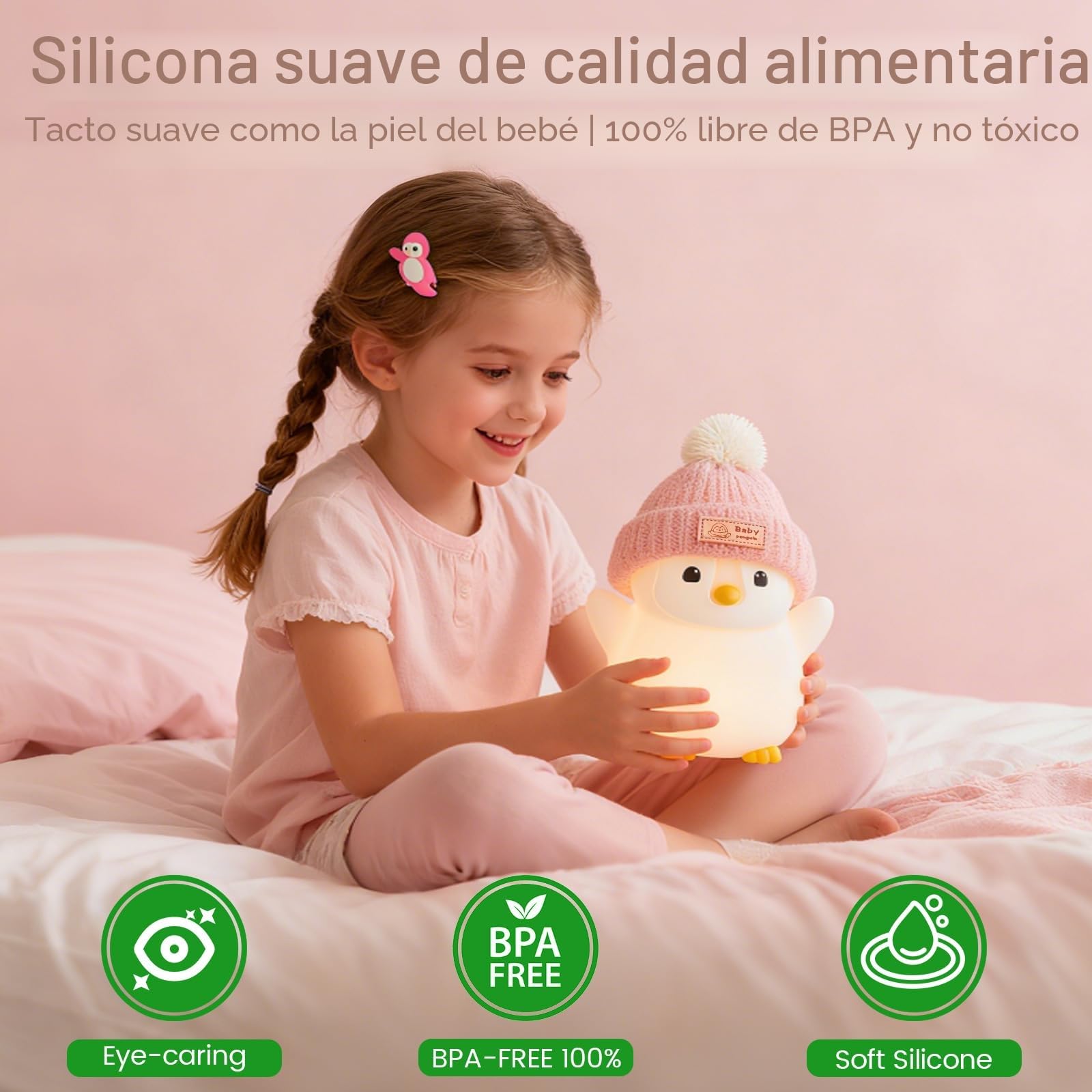 FAMIDUO Luz Nocturna Bebe Pingüino, Luz Nocturna Infantil de Silicona con Control Táctil, LED Recargable Lampara Bebe Noche 20 Minutos Temporizador,Decoración para Dormitorio,Regalo para Bebés y Niños