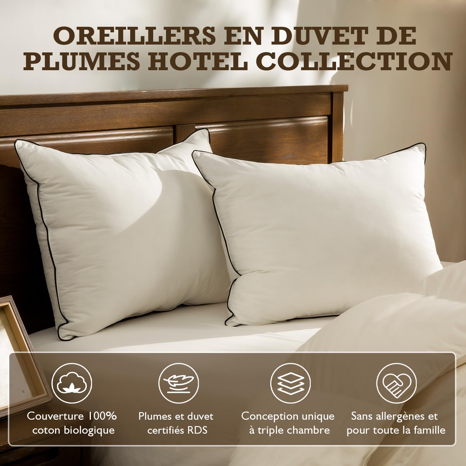 BPC Duvet de Plumes Bio Oreiller 60x60 Lot de 2, Oreiller d'hôtel Luxueux à 3 Chambres, Oreiller 60x60 cm Duvet avec Housse 100% Coton et garnissage en Plumes d'oie, Blanc