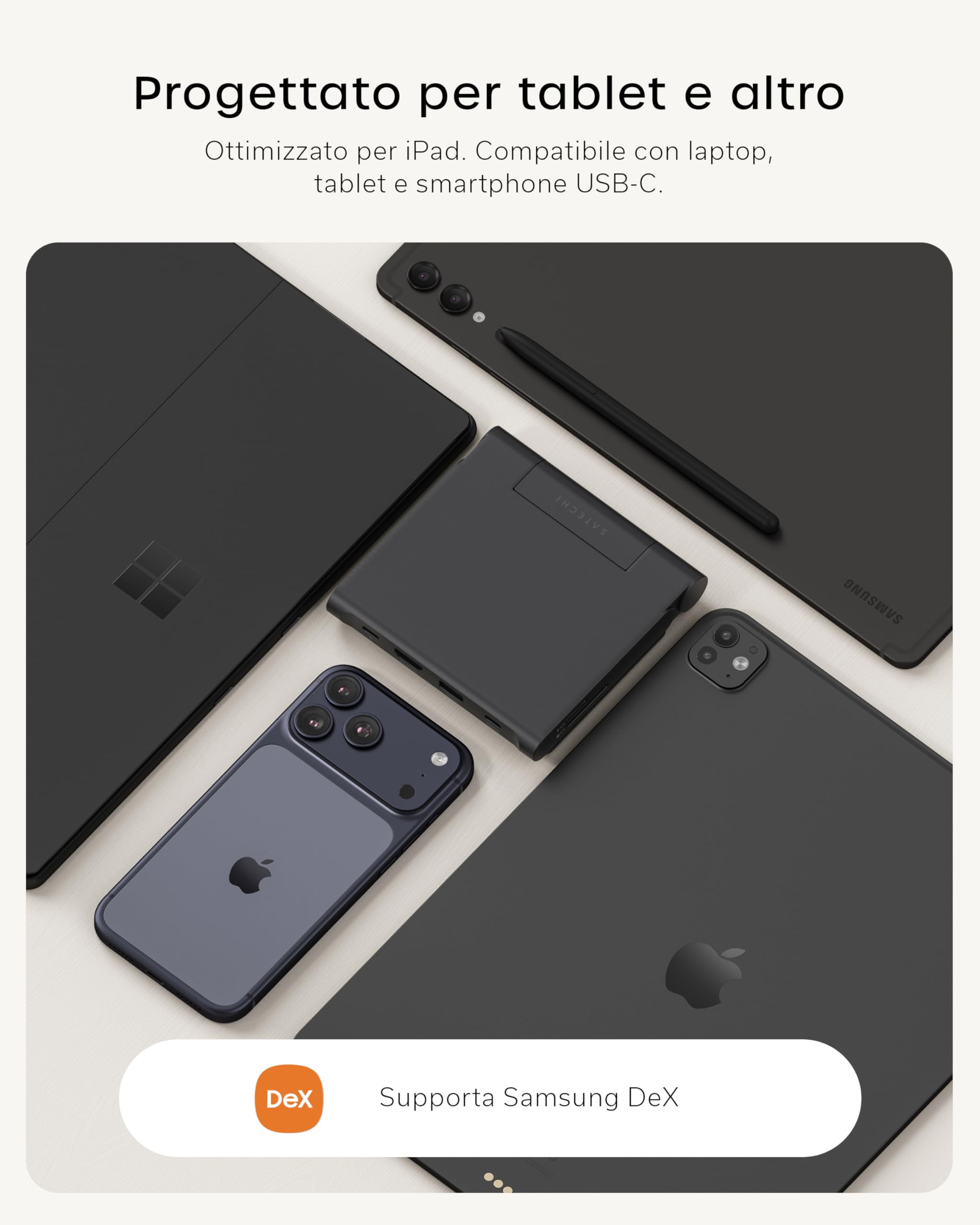 SATECHI OntheGo Hub USB C 7 in 1 e Supporto Pieghevole, HDMI 4K, Nero | HDMI 4K@60Hz, 100W, ricarica sicura, per tablet, laptop e smartphone fino a 13"