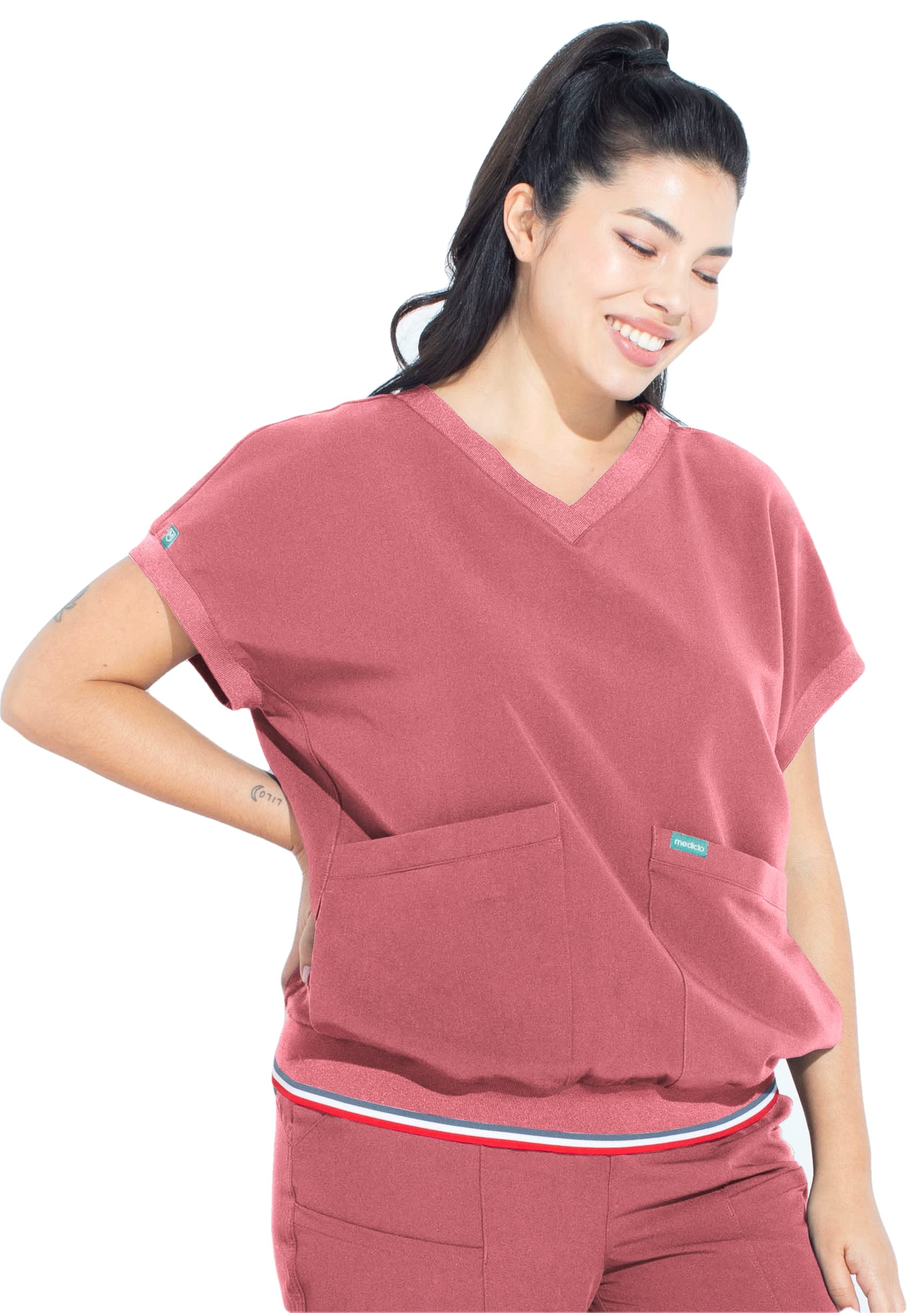 MedicloWomen's Medical Scrub Top – Lanai Rib Band V-Neck Shirt with Pockets Eco Friendly Sustainable FYSEL Fabric Workwear