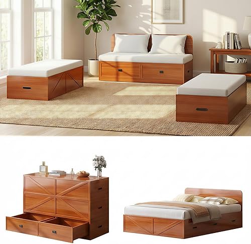 Miniatura 4 de ijuicy Cama Queen Murphy 4 en 1 con colchón incluido y cajones extragrandes, cama multifuncional que se convierte en sofá para espacios