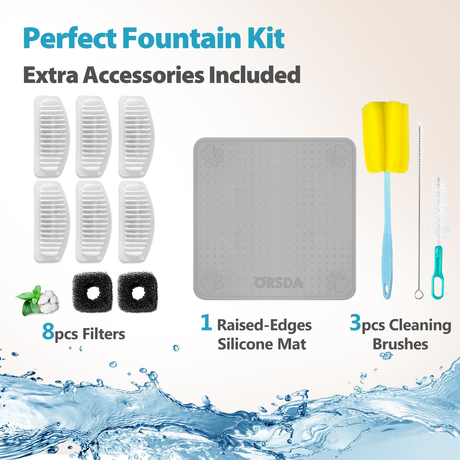 ORSDA Cat Water Fountain, Automatic Drinking Fountain Dog Water Dispenser with 8 Replacement Filters & 1 Silicone Mat for Cats, Small Dogs,2L Stainless Steel Pet Water Fountain - image 5