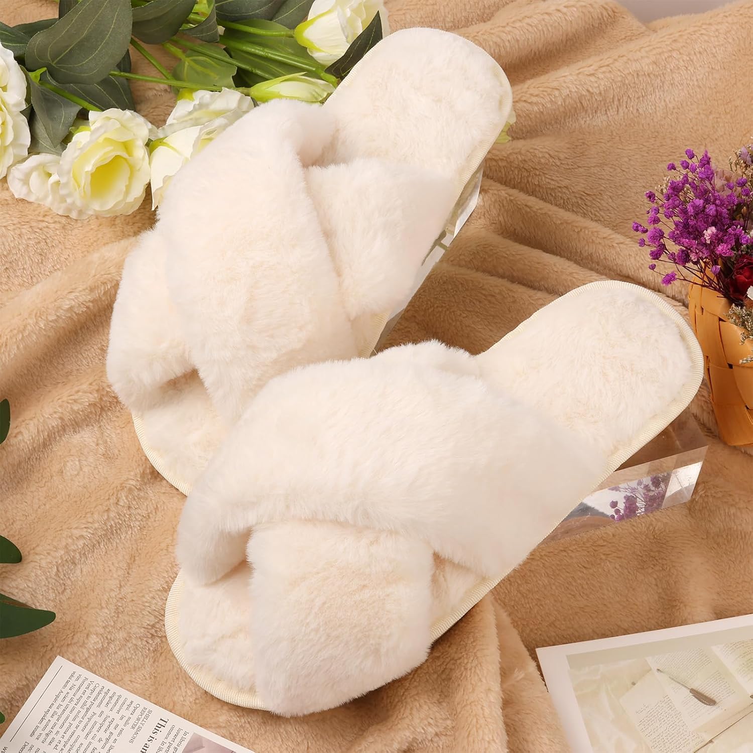 VAIPI 6 Pairs Womens Cross Band Slippers Fuzzy Plush House Bridesmaid Slipper White | Black | Pink Open Toe Fluffy Slipper Soft Warm Bridal Slippers - Image 2