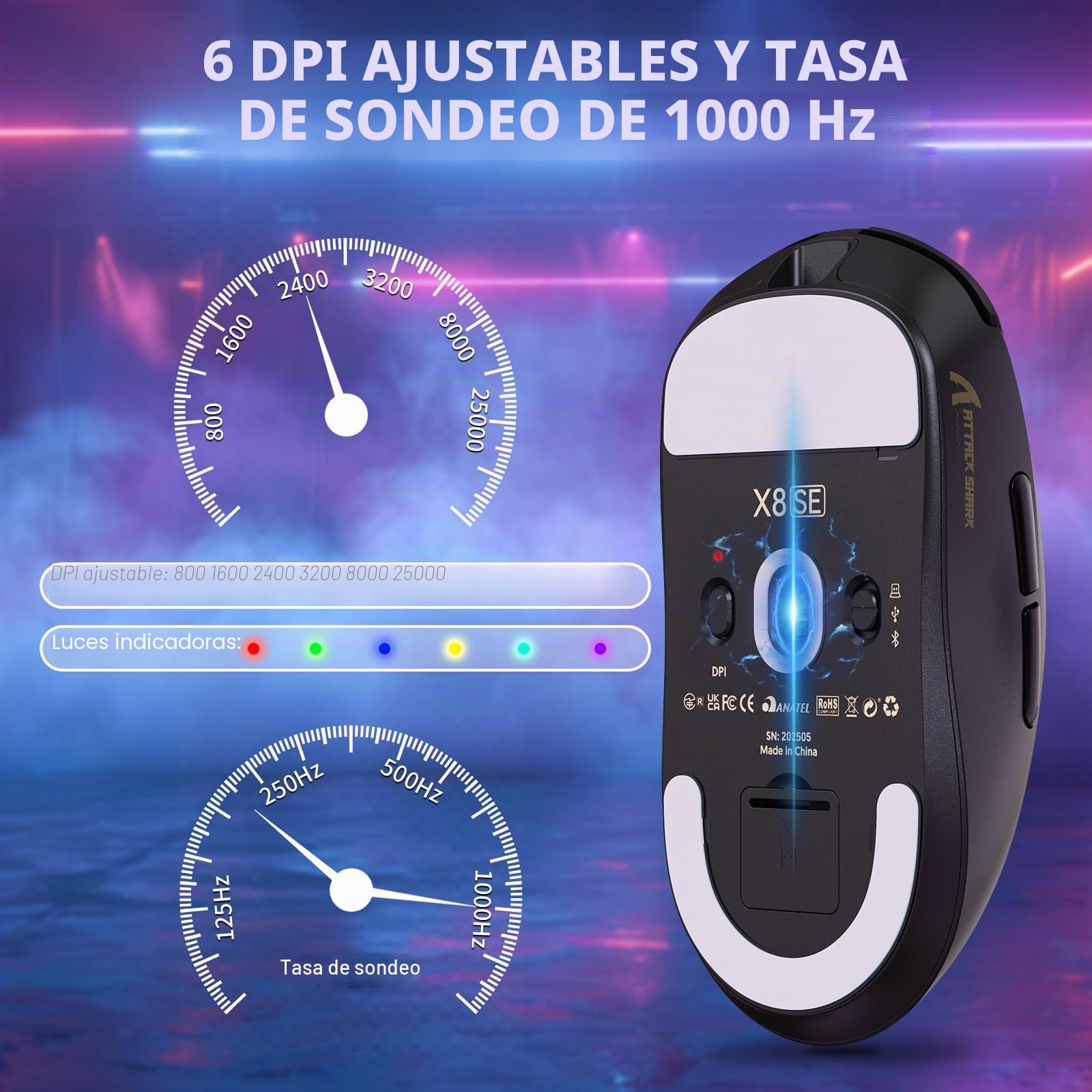 MAMBASNAKE X Attack Shark X8SE 55g Ratón inalámbrico Ultraligero para Juegos-hasta 25000 dpi,Sensor PAW3311,trimodo BT/2,4G/USB-C,80 Millones de clics,500mAh,Controlador Web,for Win/Mac-Negro