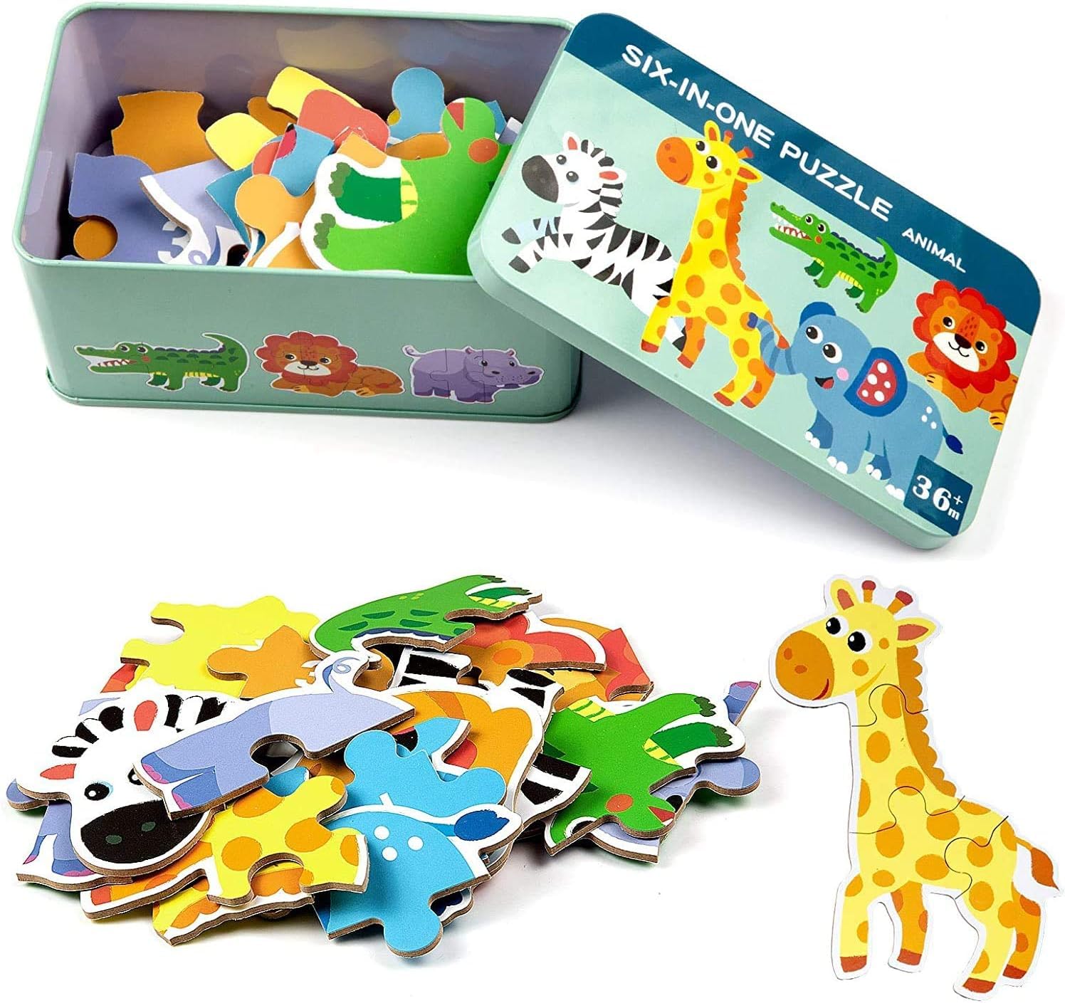 6 Pack Rompecabezas Puzzle Juguetes Bebes para Niños de 1 2 3 4 5 Años, Puzzle, Regalos 3D Patrón Puzles, Montessori Educativos, con Caja de Rompecabezas de Metal - Animal - 4