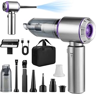 مكنسة كهربائية محمولة باليد صغيرة لاسلكية بقوة شفط 20000 باسكال مناسبة للاستخدام في السيارة والمنزل مكنسة 4 بـ 1 حيث تعمل كمكنسة لاسلكية ومنفضة بالهواء المضغوط ومضخة ومنفاخ، رمادي وأرجواني