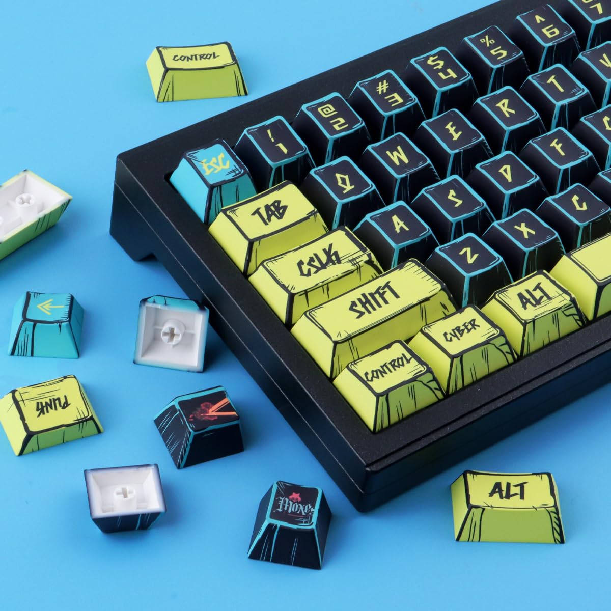 JakeTsai Keycap PBT, 146 tasti sublimati con profilo Cherry Cyberpunk 2077 stile manga set per interruttori magnetici Cherry layout ISO/ANSI