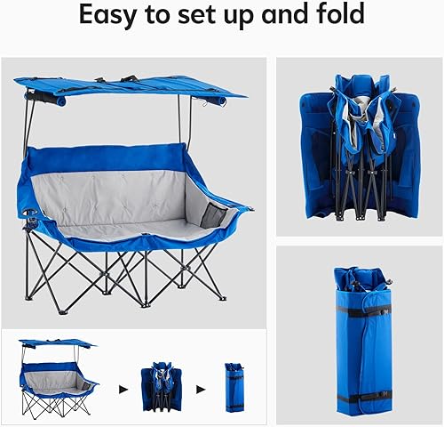 Miniatura 8 de Silla plegable doble con paraguas, sofá biplaza plegable para camping, silla de campamento doble con cortina portavasos, para barbacoa, pesca en la