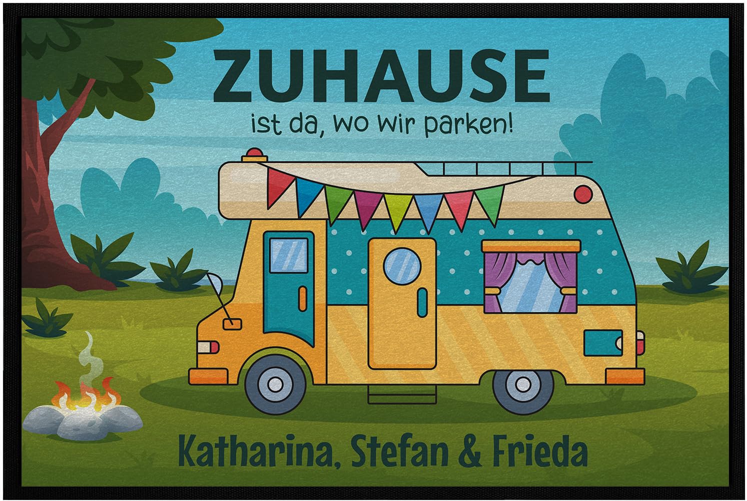 OM3® lustige Fußmatte mit Spruch - Zuhause ist da, wo wir Parken Wohnmobil - personalisiert Wunschname Name anpassbar - für Camper Camping Wohnwagen II - rutschfest & waschbar