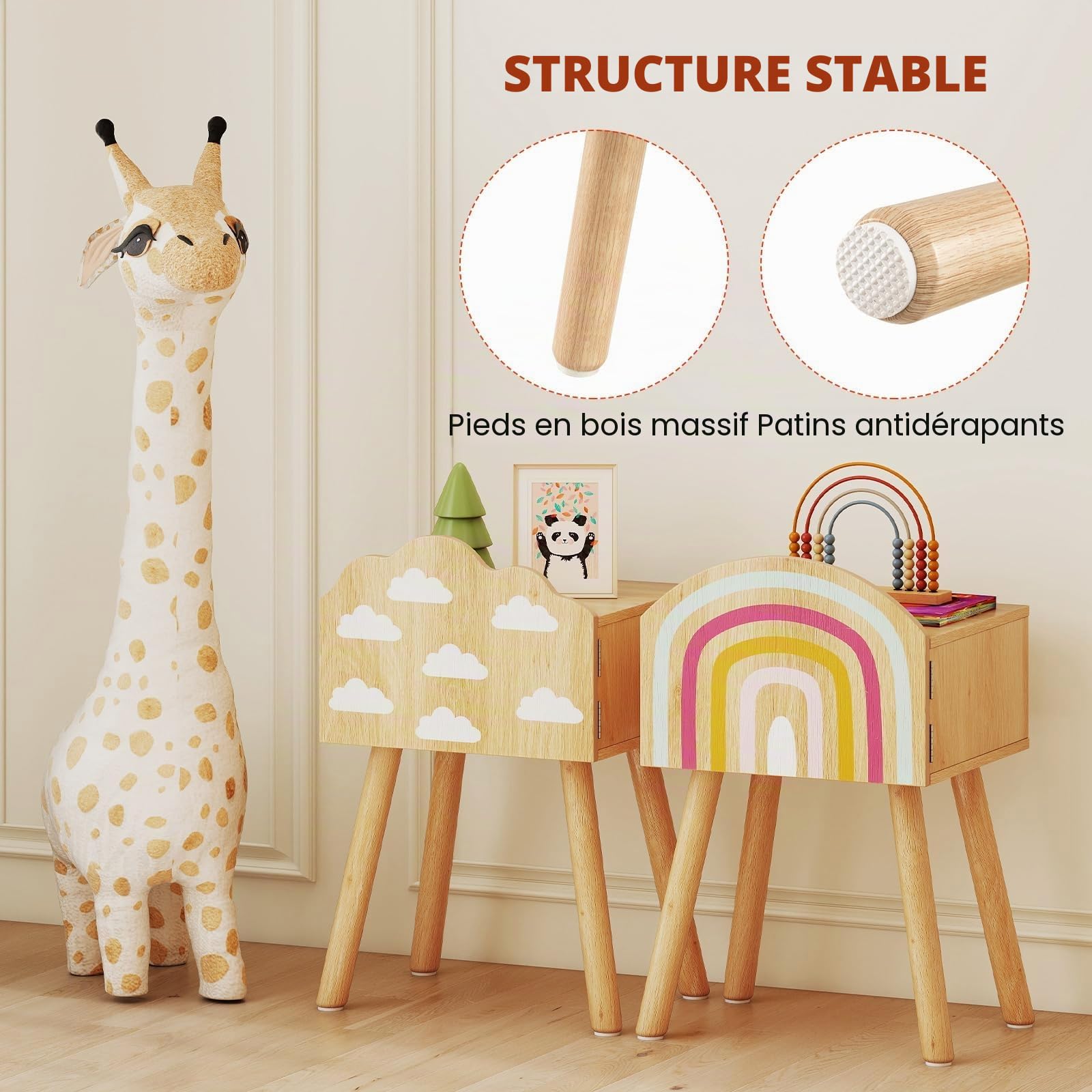 FANTASK Lot de 2 Tables de Chevet pour Enfant avec Motifs Arc-en-Ciel et Nuages - Petite Table d'appoint Mignonne et Pieds en Bois Massif - Table de Chevet pour Chambre d'enfant - 34 x 30 x 54 cm