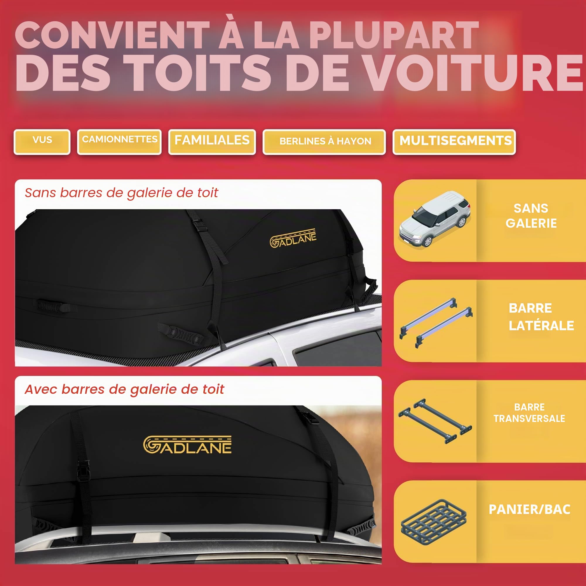 GADLANE Sac de Toit de Voiture 400L - Coffre de Toit étanche pour Voitures avec/sans Porte-Bagages de Toit - avec 4 Sangles Robustes, Tapis antidérapant et Sac de Rangement pour Voitures, SUV (Noir)