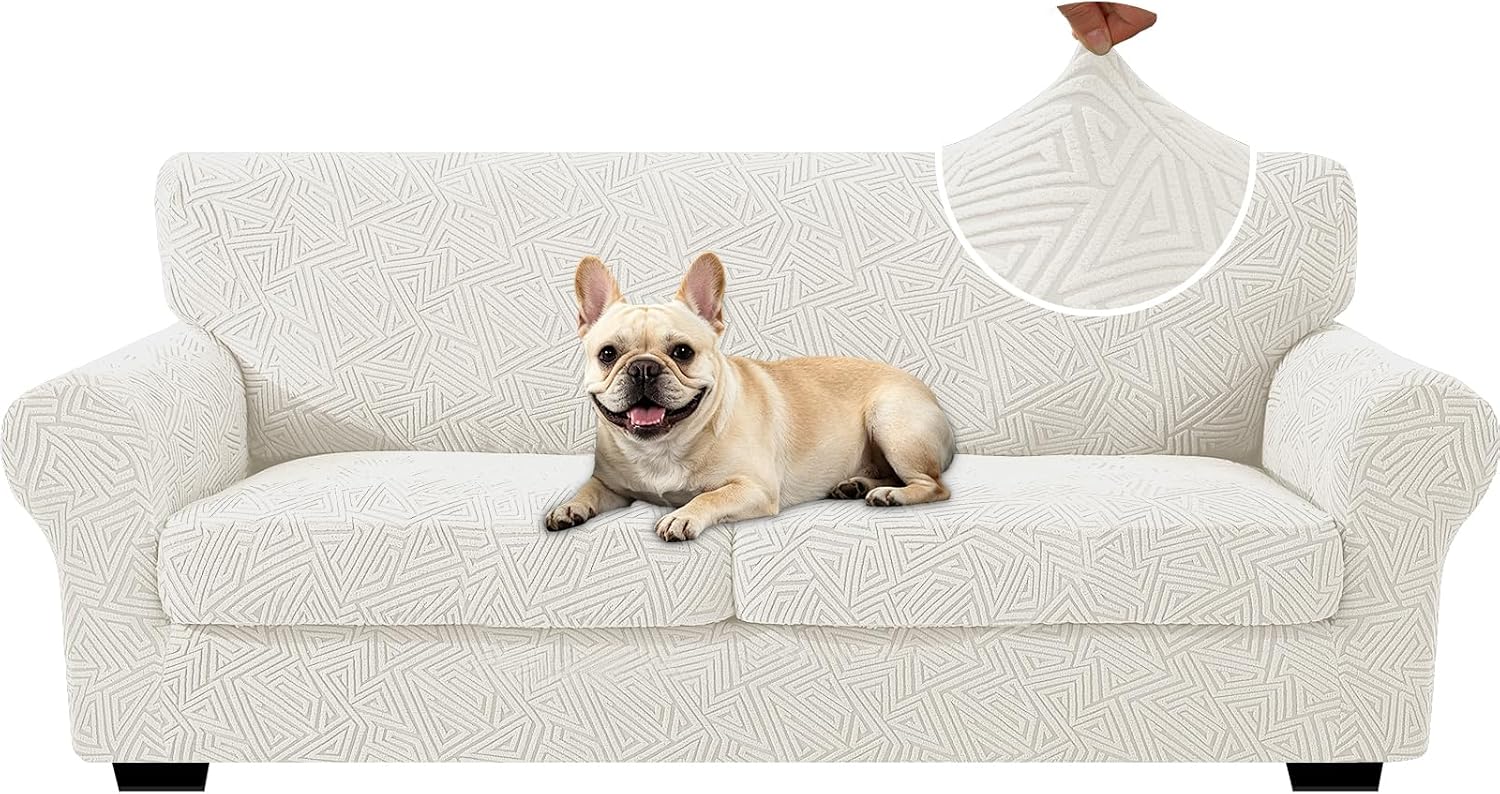 CYCMCAO 3 Piece Stretch Sofa Covers for 2 Cushion Couch, Non Slip Loveseat Covers for Living Room, Furniture Covers for Pets Washable, Thick Sofa Slipcover(Off-White), 71"-91"(Large)
