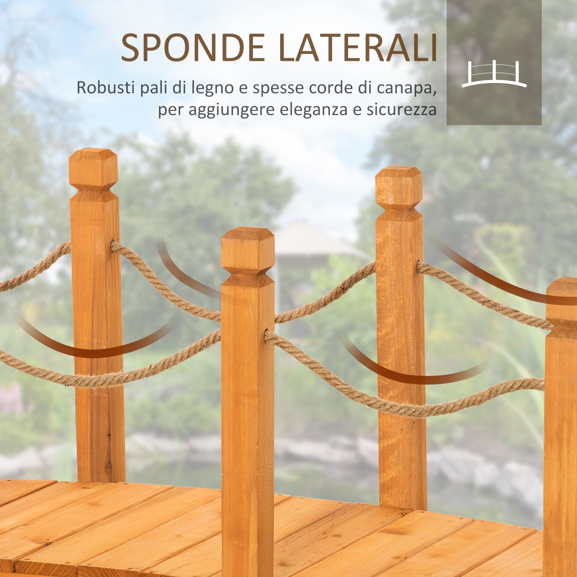 Outsunny Ponte da Giardino ad Arco in Legno d'Abete, Ponticello di Legno da Cortile con Sponde Laterali in Corda di Canapa,150x58x58.5cm, Arancione