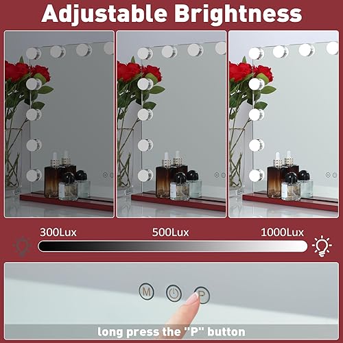 Miniatura 4 de HOMPEN Espejo de maquillaje con luces, espejo de tocador grande iluminado Hollywood con 15 bombillas LED regulables, 3 modos de color, control
