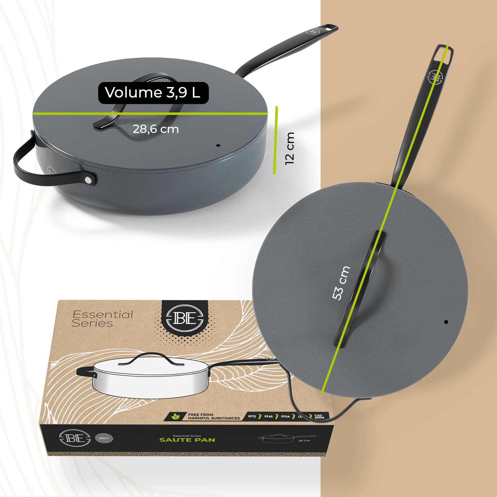 BE Living Essential 5-częściowy zestaw garnków, Ø 20, 24 i 28 cm patelnia do smażenia + Ø 30 cm patelnia do gotowania + Ø 28 cm, zestaw patelni, ceramiczne, bez PFAS, indukcja, szary