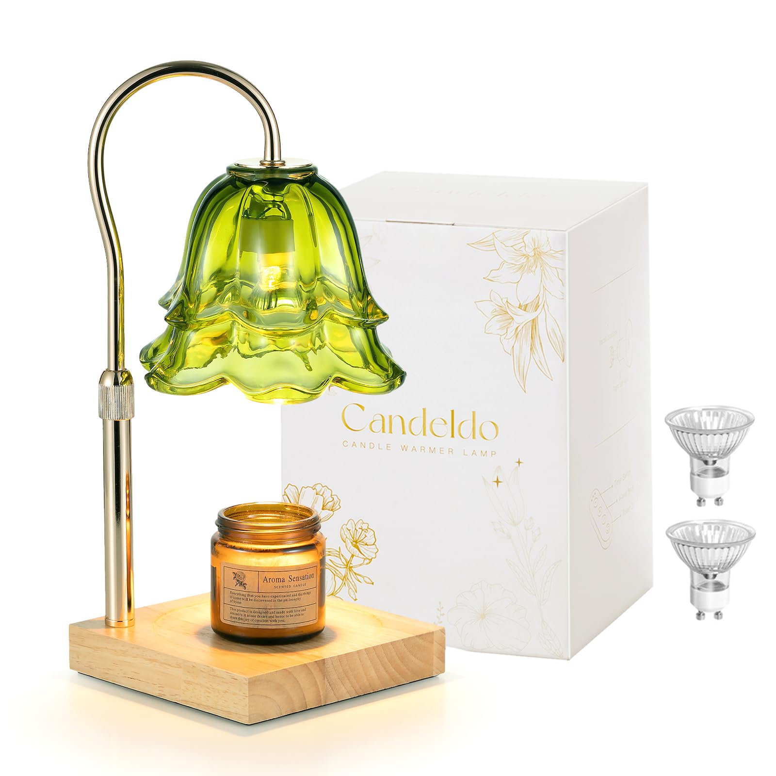 Candle Warmer Lamp with Timer: Green Flower Candle Warming Lamp with 2 Bulbs Height Adjustable Wax Warmer Dimmable Bedroom Decor Christmas Gift for Women