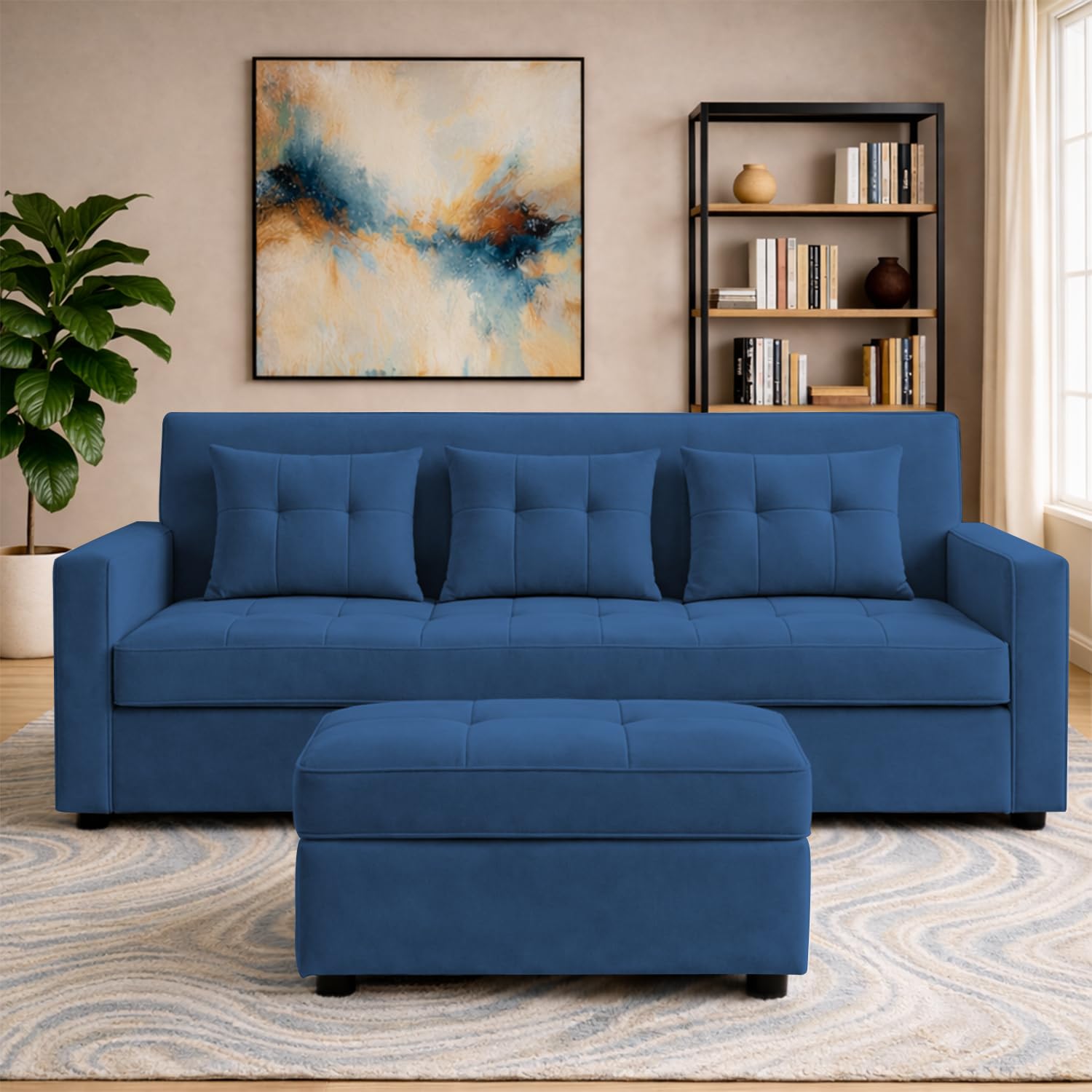 COMFORTAURA Treshta 3 Seater with Ottomon Pull-Out Sofa Cum Bed (Blue Color) Premium Fabric Sofa Set for Living Room | Bedroom-image-33
