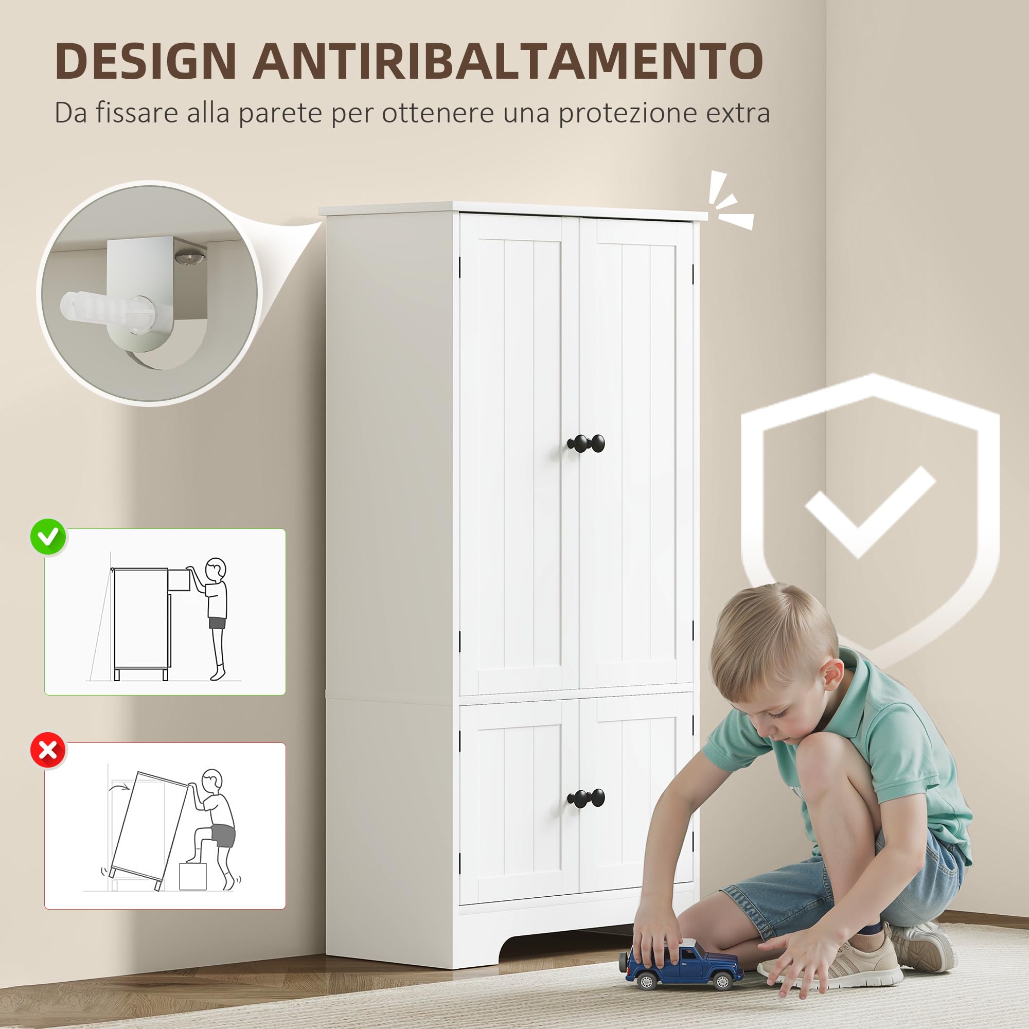 HOMCOM Credenza da Cucina a 4 Ante con 2 Armadietti, Mobile da Soggiorno e Salotto con Ripiano Regolabile e Dispositivo Antiribaltamento, 58.2x30x123 cm, Bianco