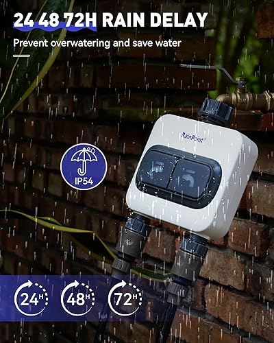 Miniatura 7 de RAINPOINT Temporizador de agua WiFi para manguera de jardín  6 planes separados, riego por galón y tiempo, modo de riego y niebla, fácil de usar,