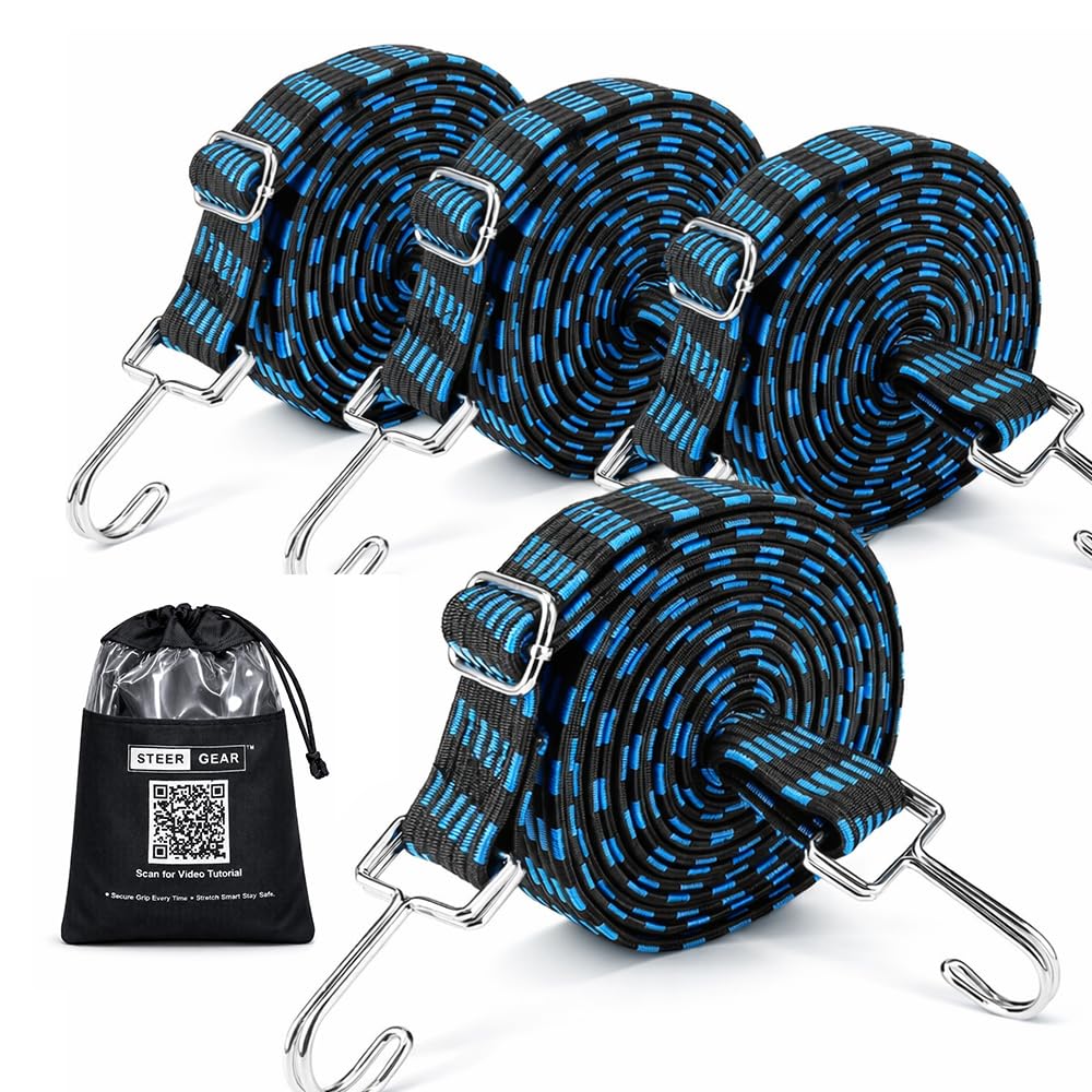 steergear 4Pcs Luggage Strap for Suitcase | 3.5Ft Elastic Strap for Motorcycle Bike | Bungee Rope for Cargo Travel Packaging (Blue)-picture-0