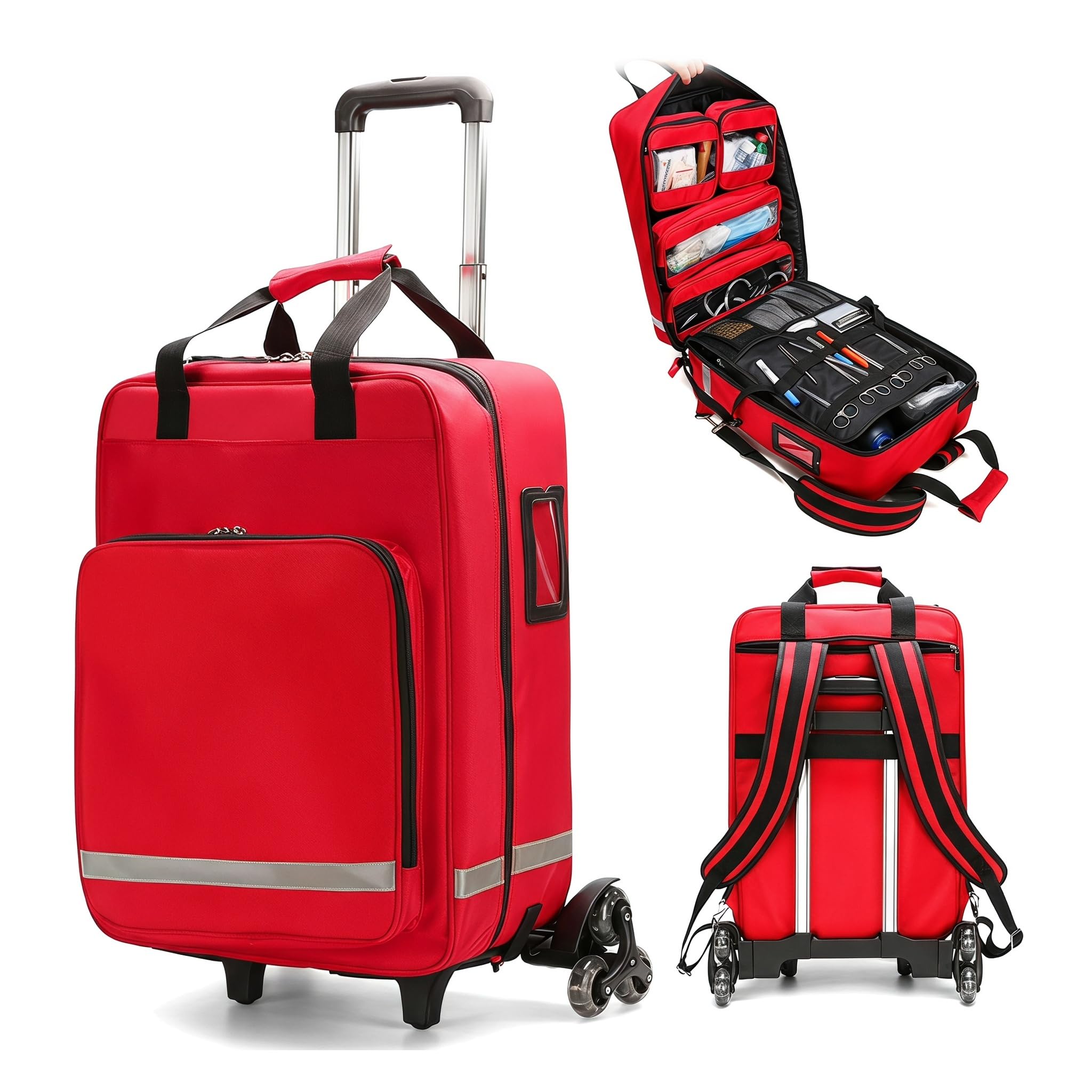 Borsa Medica con Ruote, Kit di Pronto Soccorso Portatile Vuoto, Borsa per Traumi di Grande capacità per Soccorritori, con Trolley Staccabile, Strisce Riflettenti, per Paramedici, EMT, EMS