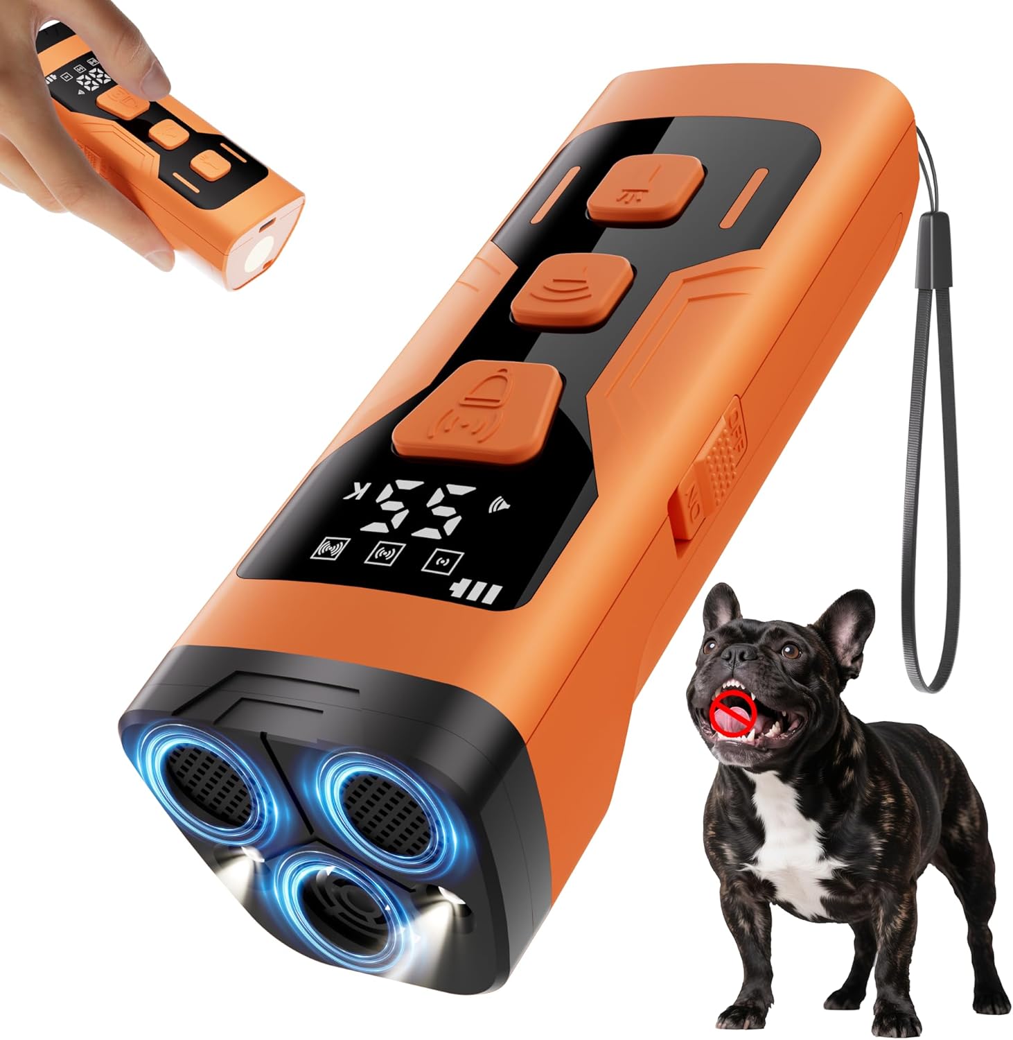 Dog Bark Deterrent Devices, 3X Ultrasonic 65FT Anti Barking Device, 4 Gear Frequencies Safer Alternatives to Dog Training Bark Collars, Portable Design with Display for All Dogs (Orange)