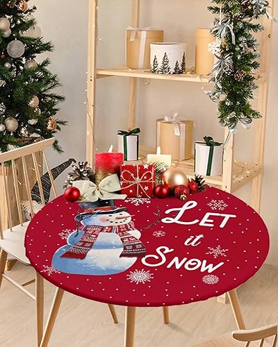 Mantel redondo ajustable con diseño de muñeco de nieve de dibujos animados para mesas de comedor, mantel con bordes elásticos, para Navidad, copos
