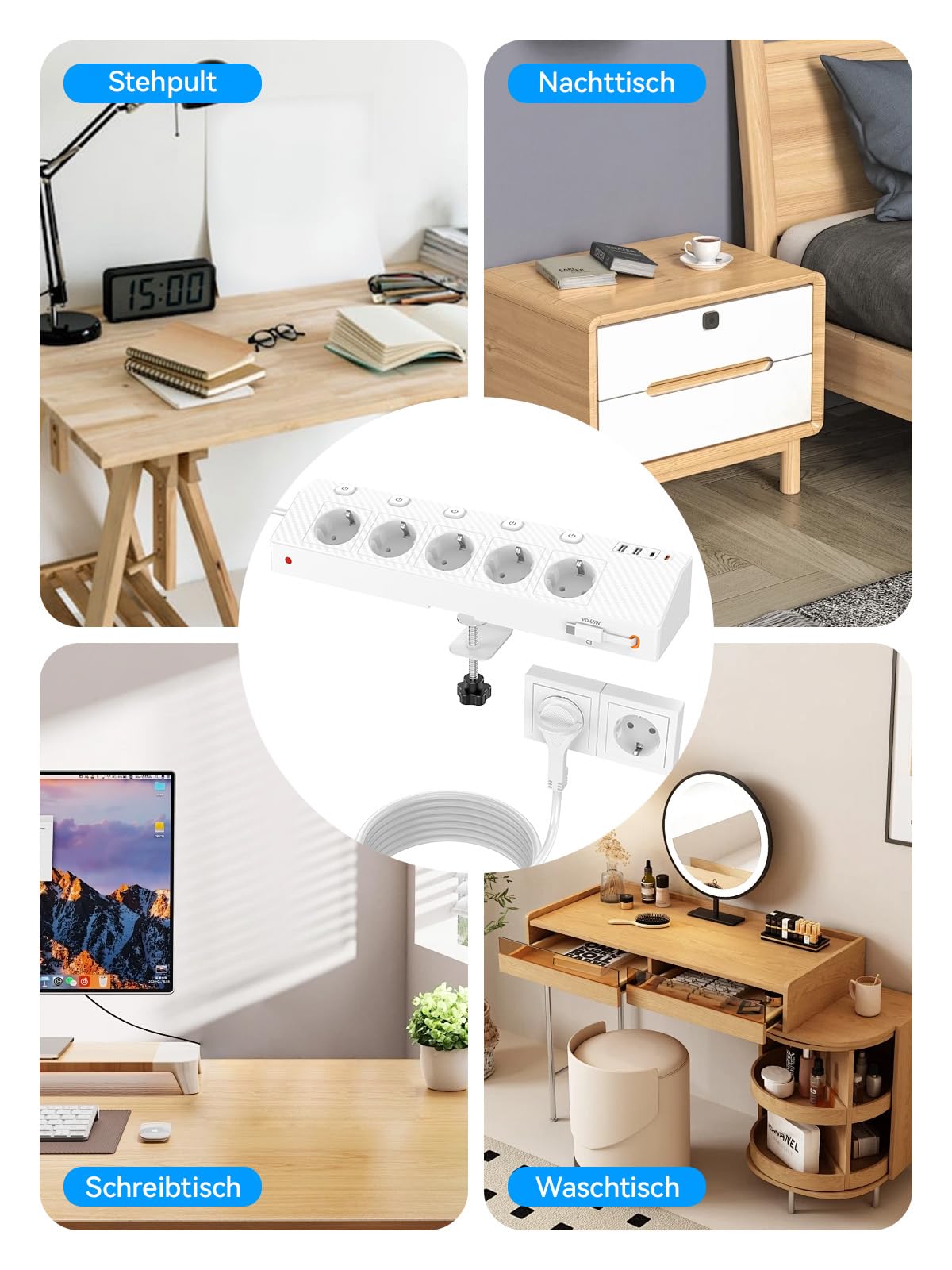 PASSUS - Ciabatta elettrica da tavolo con 2 USB (PD 65 W), 5 prese multiple, con scrivania e protezione da sovratensione, presa angolare 10 in 1 con spina piatta per ufficio/cucina, bianco