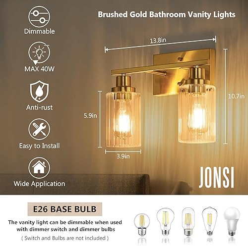 Vista 21 de Jonsi 3 luces de tocador de baño de oro cepillado con pantalla de vidrio estriado, luces de baño doradas modernas sobre espejo