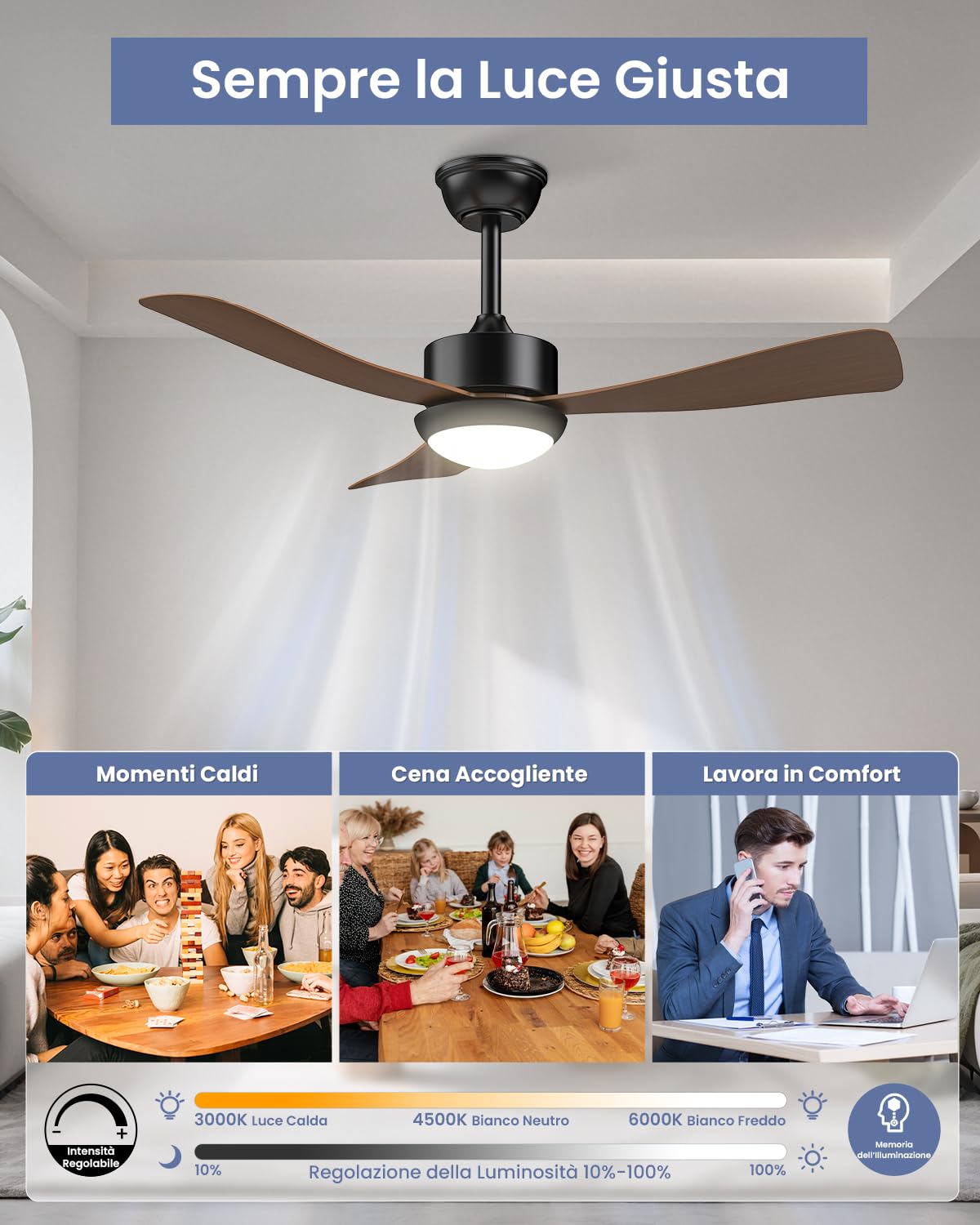 Airwit Ventilatore da Soffitto con Luce 106cm, Pale Effetto Legno, Ventilatore da Soffitto Silenzioso con Telecomando, LED Dimmerabile, Motore DC Reversibile, 6 Velocità per Camera Soggiorno