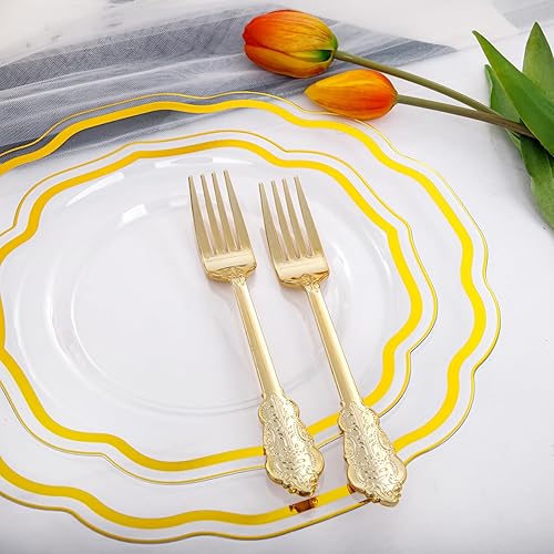 Miniatura 10 de NOCCUR 175 platos de plástico azul, platos desechables azules resistentes con borde dorado, incluyen 25 platos llanos, 25 platos de postreensalada,