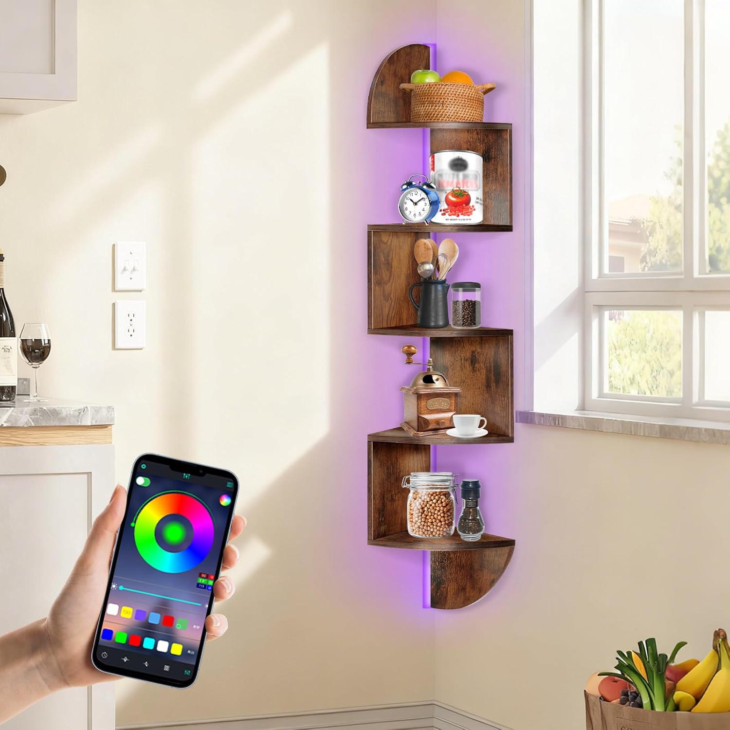 Corner Shelf, 5 Tier Corner Shelf Wall Mounted with Light, Corner Floating Shelves, Corner Bookshelf Stand for Bedroom, Bathroom, Living Room, Kitchen, Home (Rustic Brown)