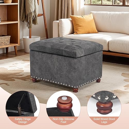 Miniatura 7 de Otomana de 24 pulgadas con almacenamiento, taburete otomano tapizado de almacenamiento, reposapiés cúbicos de terciopelo, taburete pequeño con