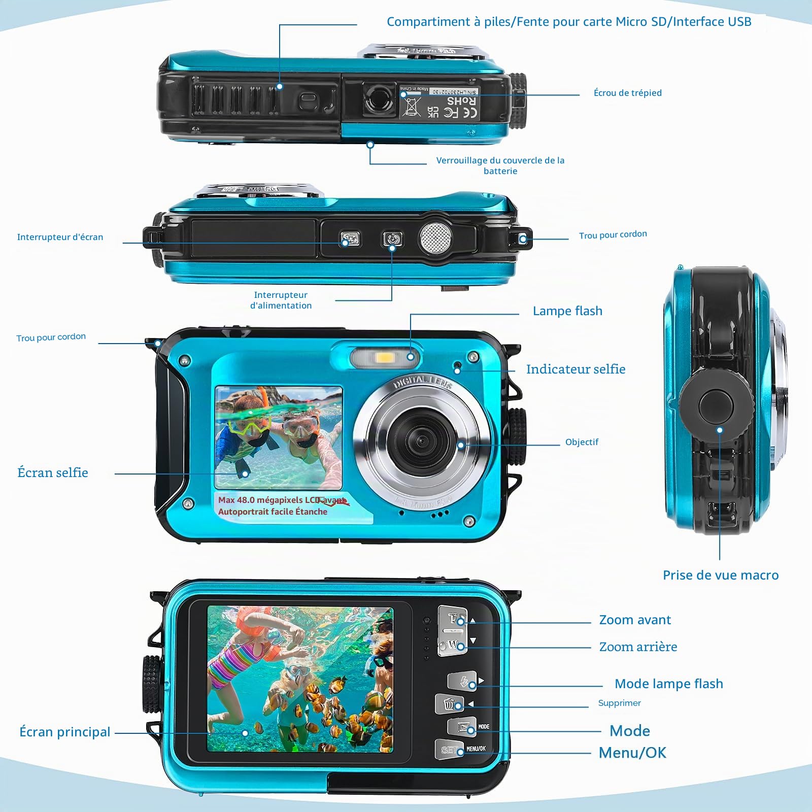 Appareil Photo Etanche, Comius Sharp Caméra Étanche 10FT 30MP Photo FHD Vidéo 16X Digital Zoom avec Carte Mémoire 32G et Selfie Double Écrans pour Selfies Sous l'eau, Natation, Surf, Plongée
