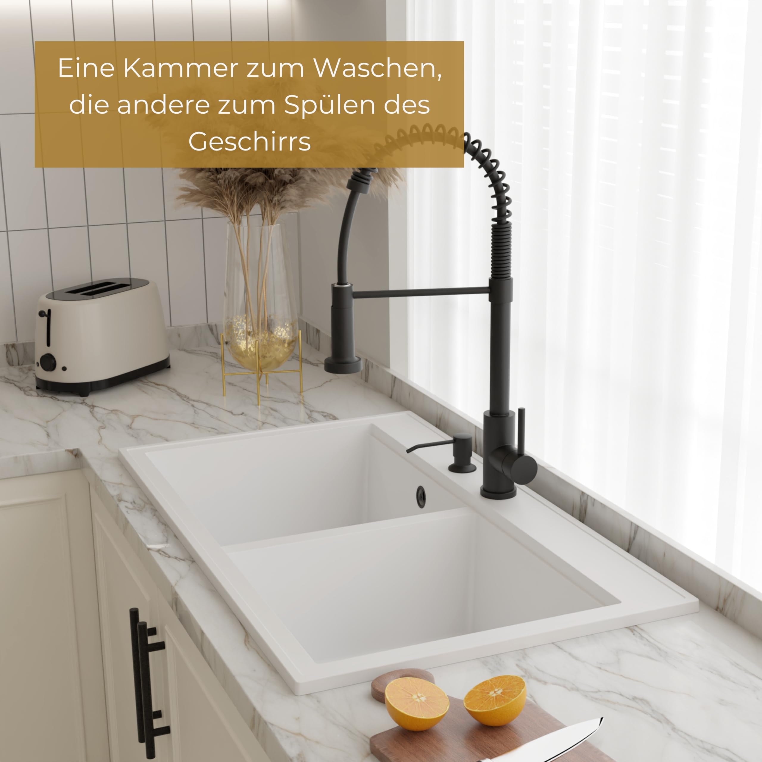 SINK QUALITY Lavello doppio nero 86 x 50 cm, doppio lavello con sifone e impregnante, lavello in granito 2 vasche – lavello da cucina a partire da mobile sottolavello da 85 cm