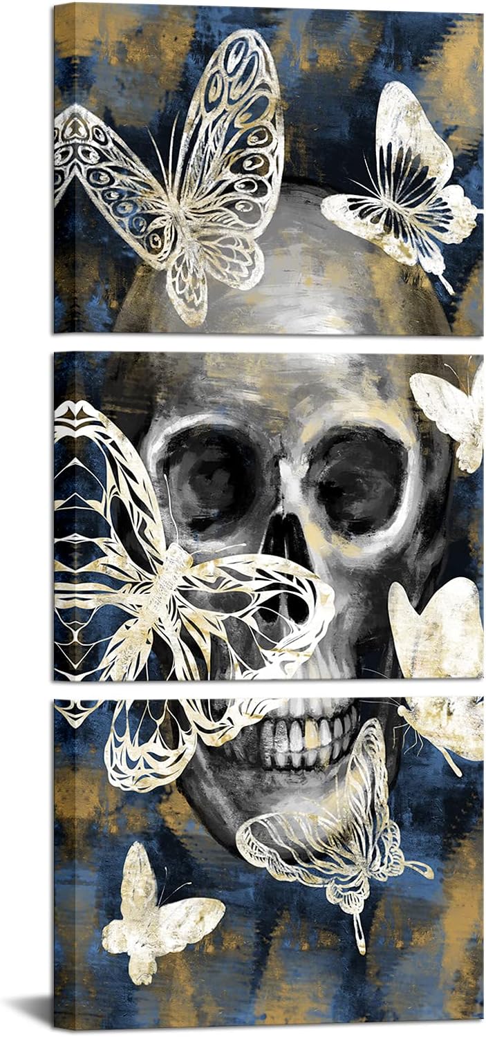 LevvArts Skull Wall Art Canvas Modern Blue Gold and Grey Bedroom Decoration Skull with Butterflies Picture Painting Print