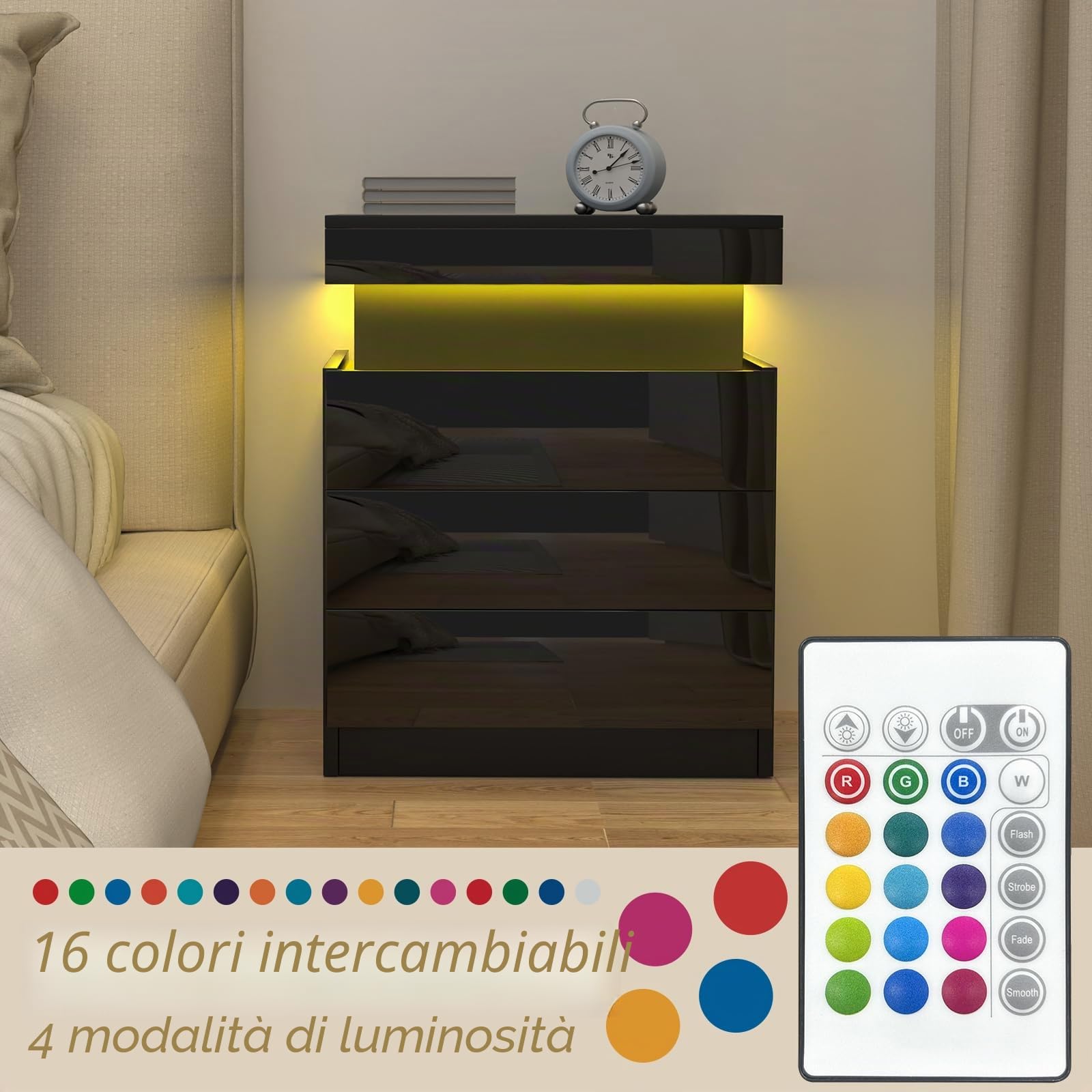 Comodino con Presa e porta USB, Comodino con illuminazione LED Regolabile, Comodini Camera da Letto Moderni Nero Pannello Scorrevole, Intelligente Comodini Camera da Letto con 3 Cassetti