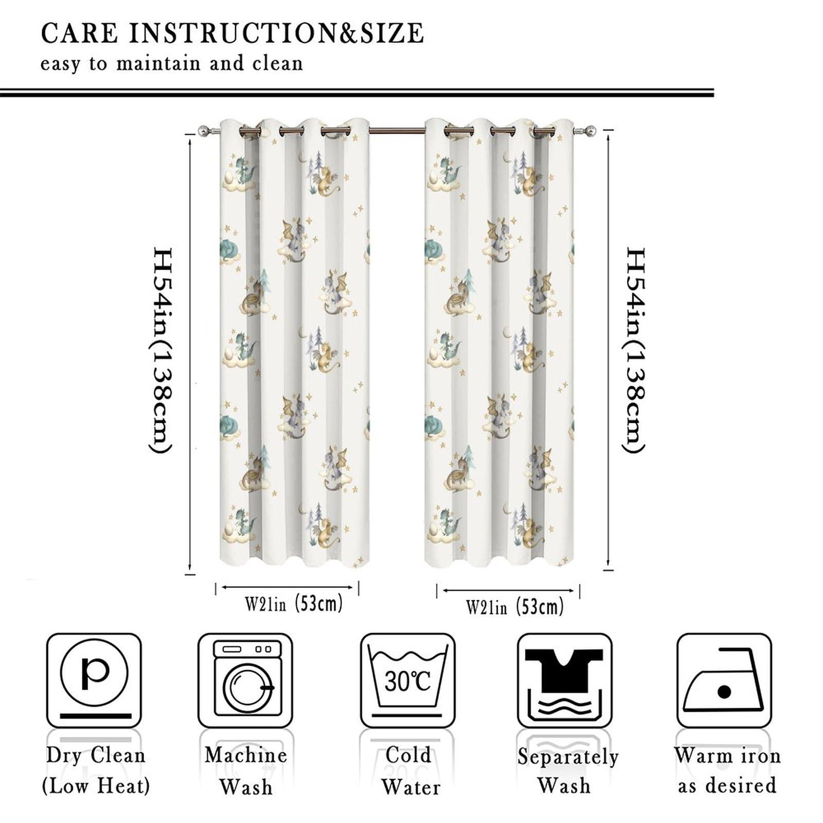 Watercolor Cute Baby Dragon Curtains for Bedroom - Fantasy Cartoon Mid Century Woodland Dragon Window Treatment,Energy Saving Thermal Insulated Grommet Top Blackout Curtains 54L x 21W,2 Panels