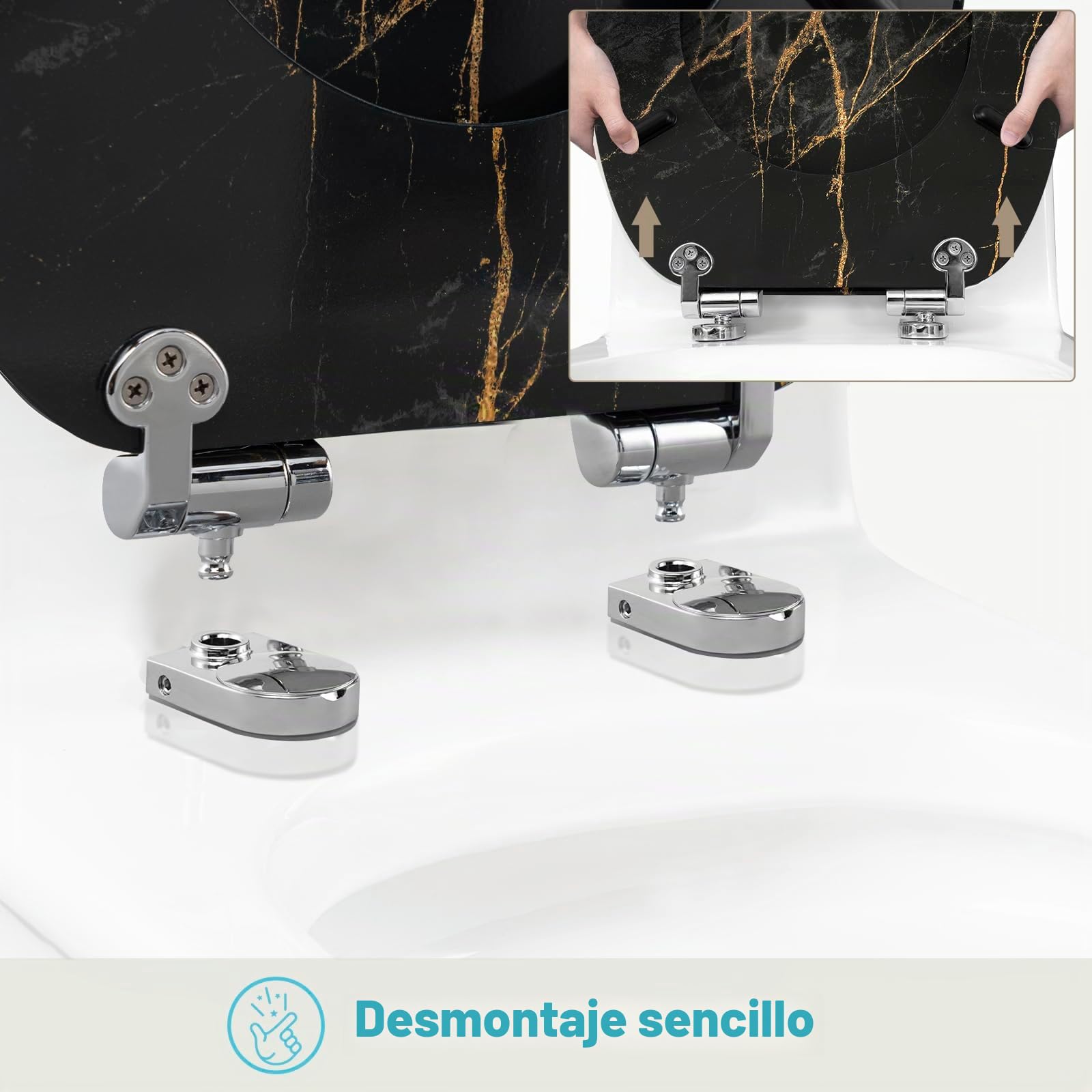 eSituro Tapa WC Universal en Forma O, Asiento de Inodoro con Bisagra de Cierre Suave, Tapa Inodoro de Montaje y Liberación Rápida, MDF, Distancia entre Agujeros de Montaje