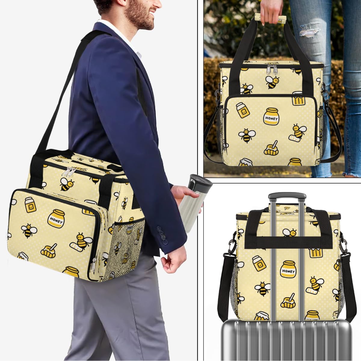Honey Bees Portable Coffee Maker Carrying Bag Compatible with Keurig K-Mini or K-Mini Plus - Travel Storage Tote with K-Cup Pod Pockets for Single Serve Coffee Brewer