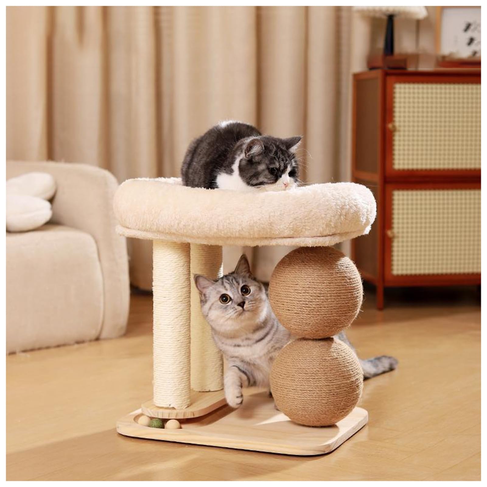 Kratzbaum Turm mit Massivholzsockel, Tragbares Design, rutschfeste kompakte Struktur, 2 Sisal-Kratzstämme, Top Katzennest, ideal für Indoor-Katzen