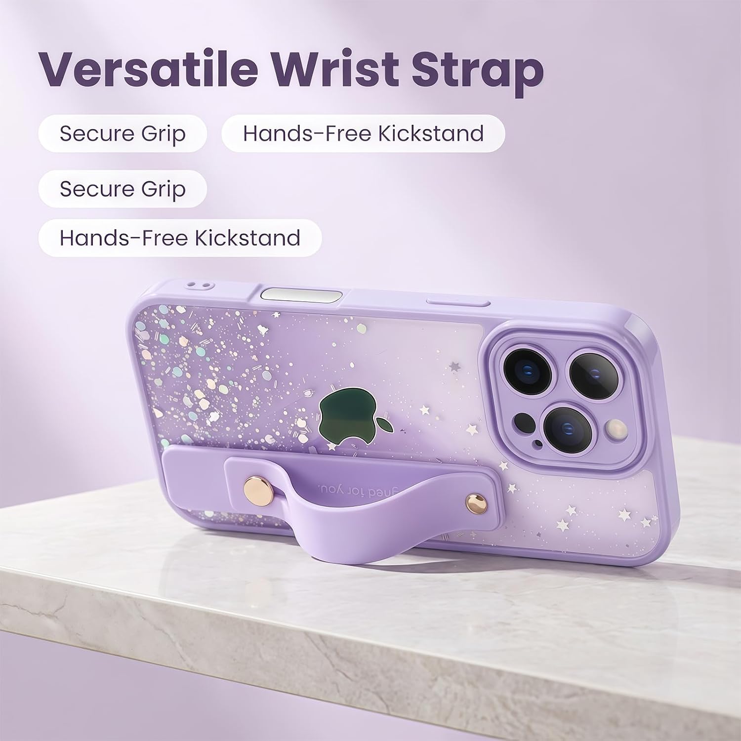 Strap Holder Case for 6.7" iPhone 16 Plus with Wristband Kickstand, Bling Glitter Sparkle Clear Cover Soft TPU Bumper Adjustable Hand Grip Loop for iPhone 16 Plus 6.7 Inch, Lavender Purple image 2
