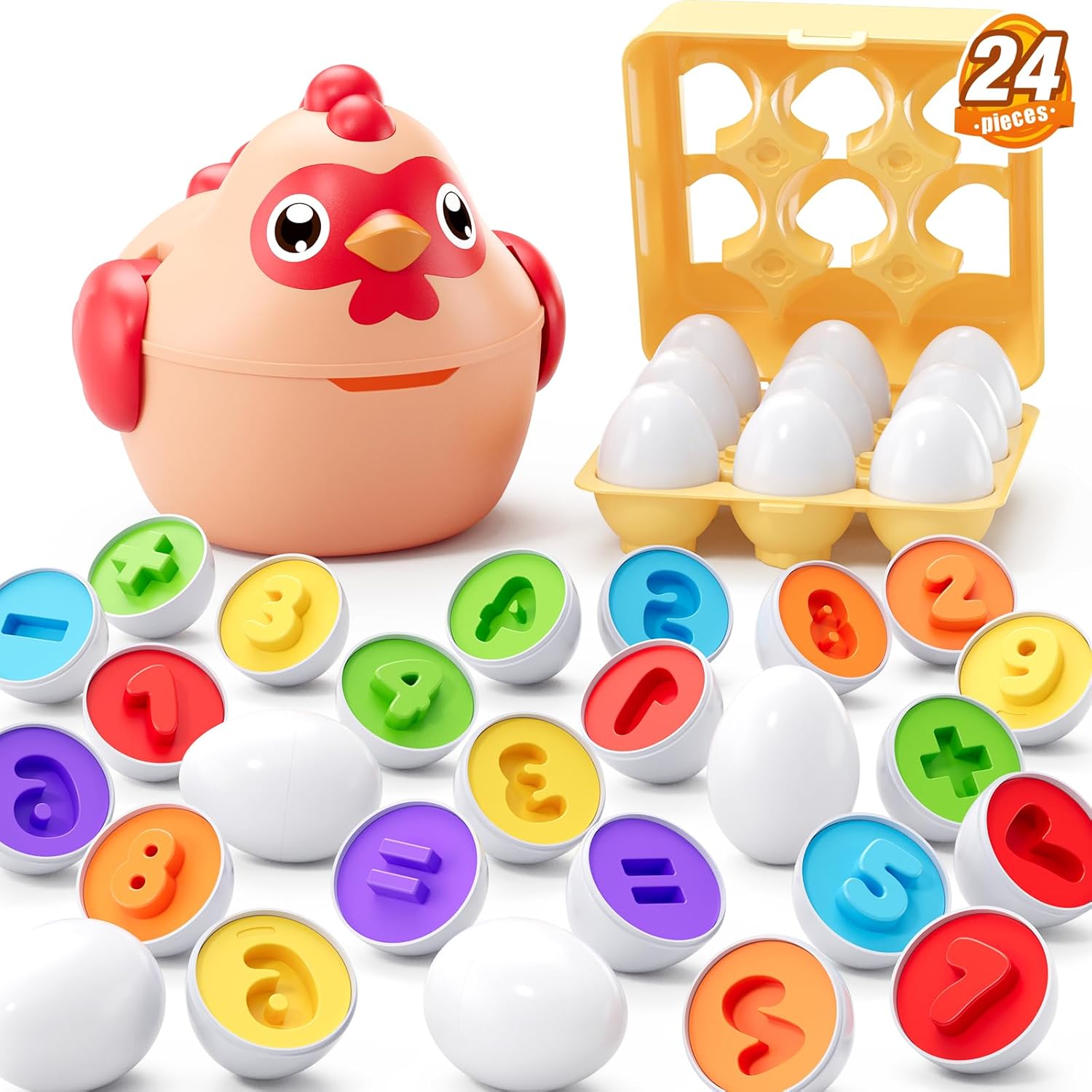 Egg Toys for Toddlers 1-3, 24PCS Matching Eggs Shape Sorting Toy, Montessori Sensory Chicken Toys, Geometric Color Stacking Block Easter for Baby Boys Girls