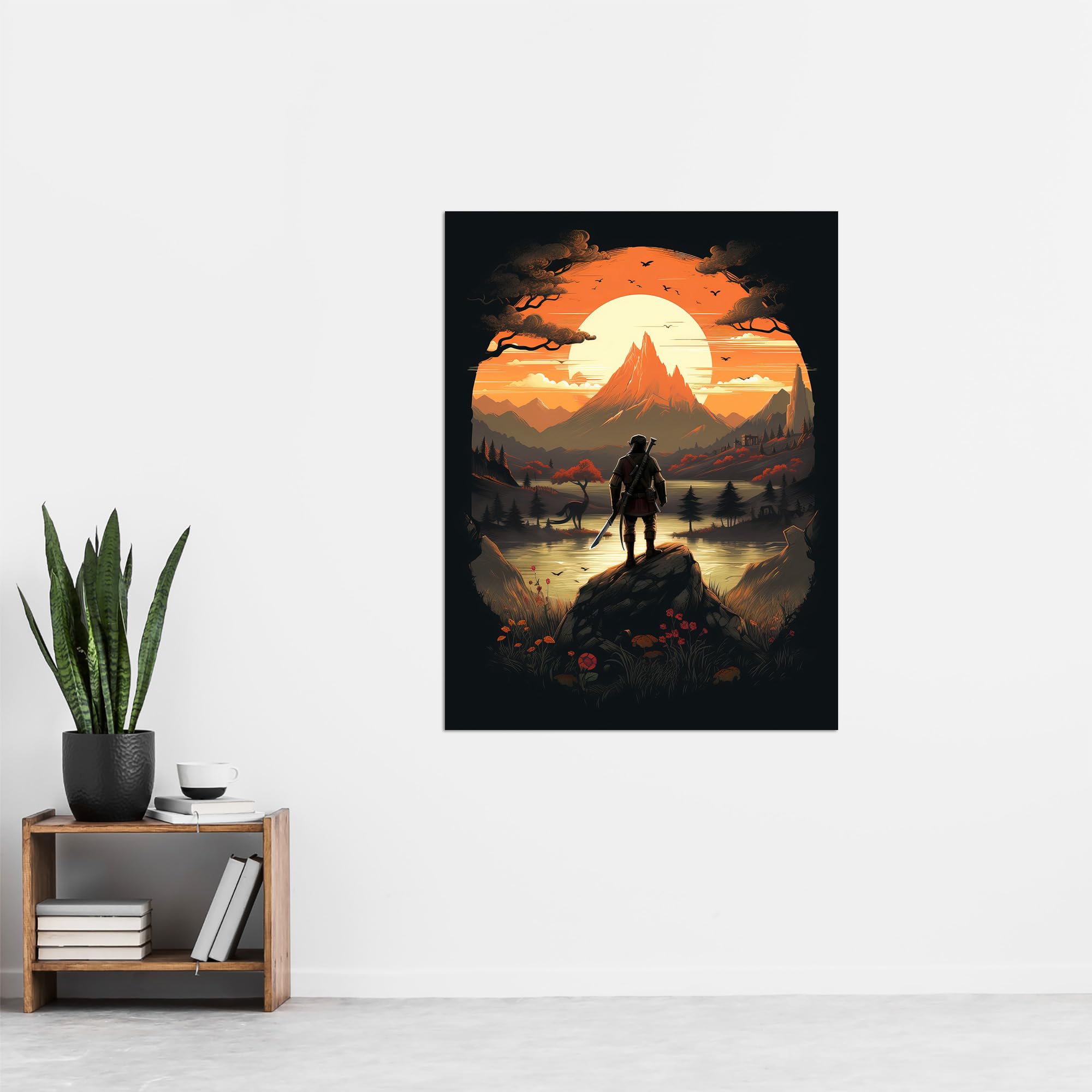 Artery8 Samurai Master Looking at Sunset Horizon Dramatic Painting Black Orange Cherry Blossoms Flowers and Pine Trees in Japanese Mountain Lake Landscape Extra Large XL Wall Art Poster Print - Image 4