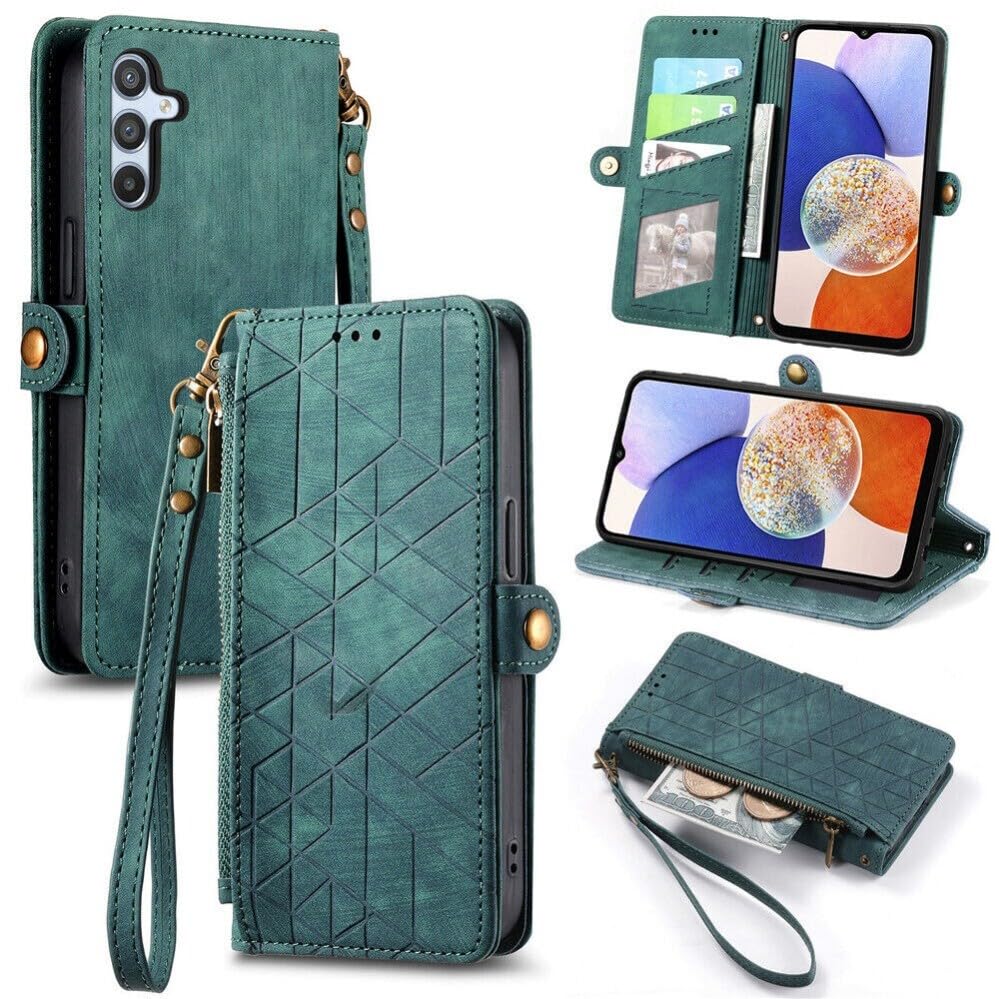 Étui Samsung Galaxy A13 5G housse protection cuir rabat portefeuille fermeture éclair vert