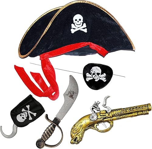 Juego de sombreros piratas para niños con parche de gancho para los ojos, pistola de juguete, sombrero de Halloween para fiestas