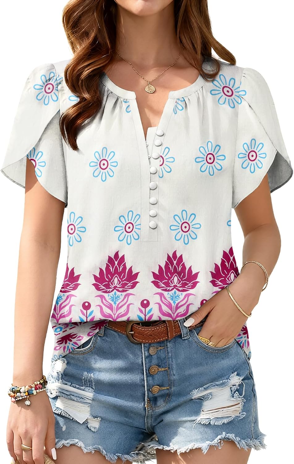 GUNEST Boho Short Sleeve Blouses for Women Summer Casual V Neck Vacation Beach Tops Loose Fit Button Shirts