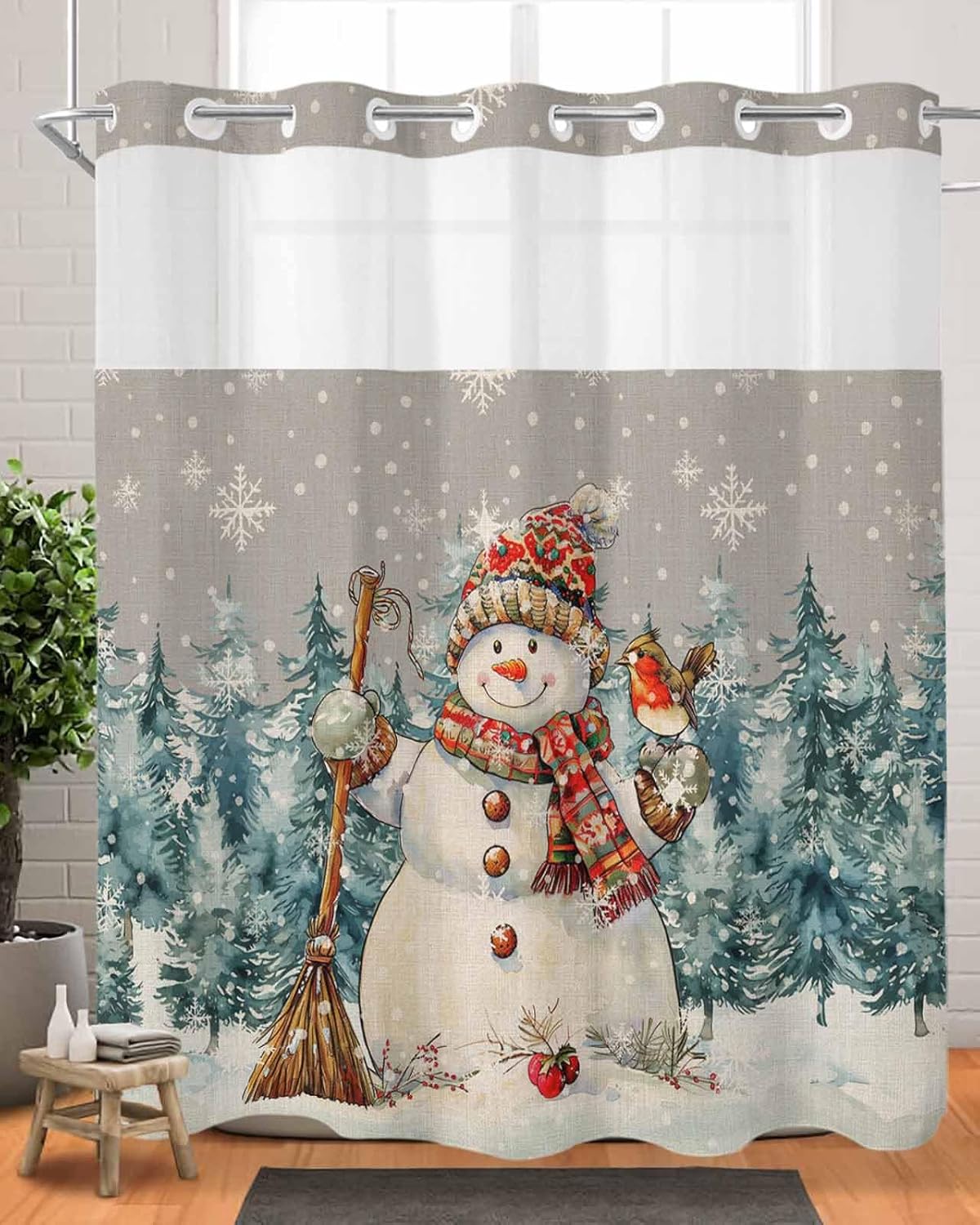 Christmas Grey Shower Curtain No Hooks and Liner Set,Snowman Snowflake Forest Pine Xmas Tree Hotel Style Fabric Bathroom Shower Curtains Polyester Bath Spa Bathtub Curtain with Sheer Window,72"x78"