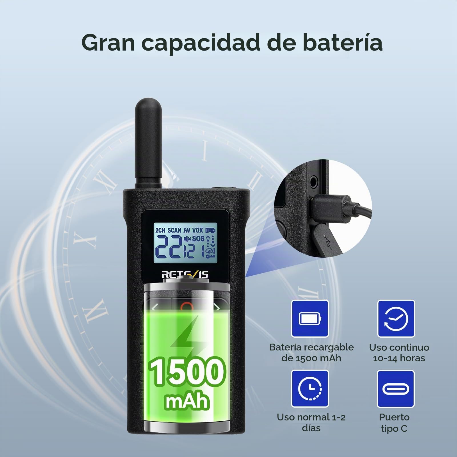 Retevis RB628 Walkie Talkie Mini Recargable LCD 1500mAh Ligero (2 Pcs) | Walkie Talkie Profesional Recargable Negro para Senderismo Camping, Pantalla LCD, Compacto y Portátil